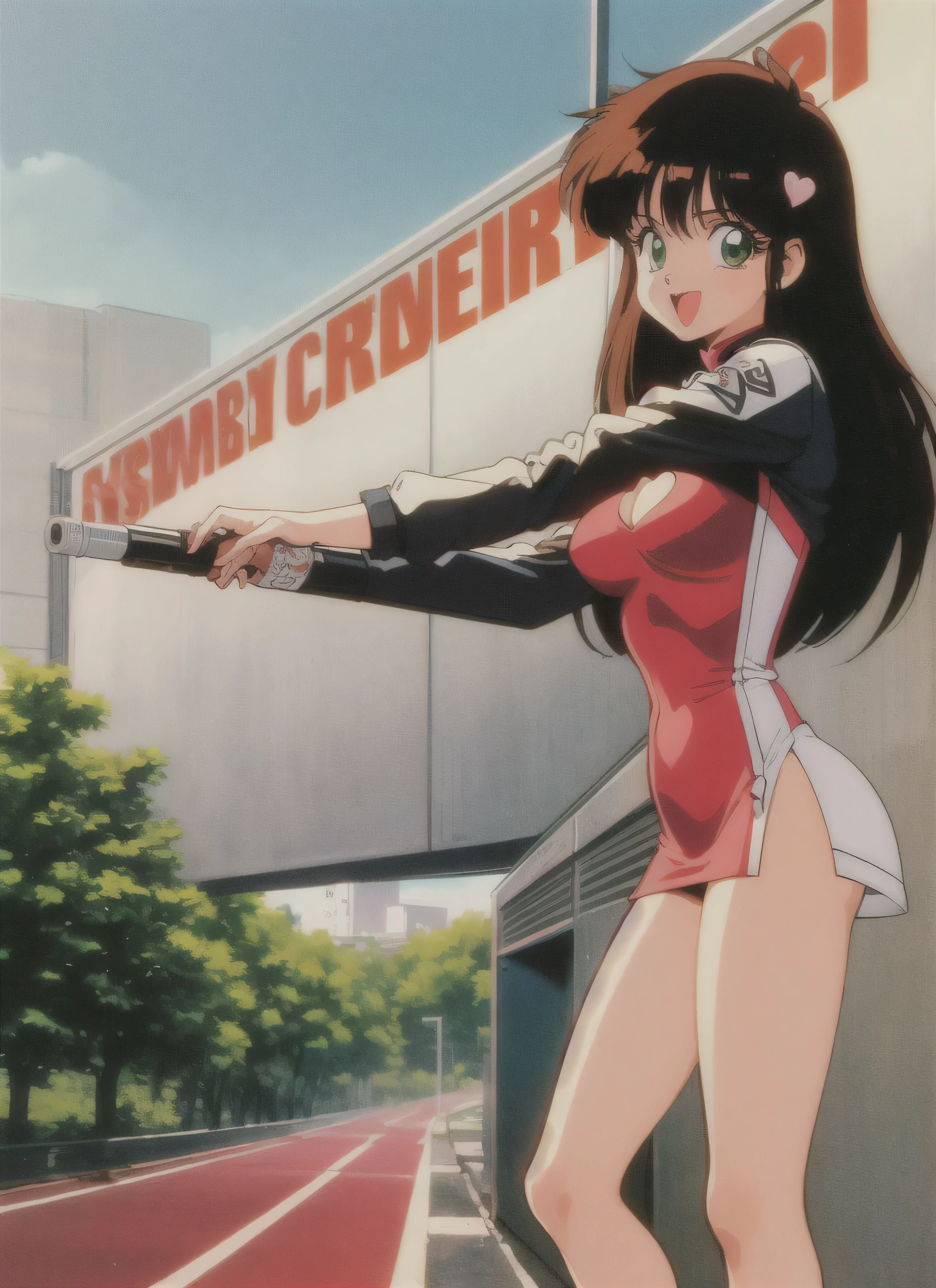 Shakti Kareen, brown_hair, brown_eyes, long_hair, dark skin, Imperial Guard Combat Uniform Swimsuit, o-ring bikini, v gundam, swimsuit, absurdres, highres, solo, cowboy shot, 1girl, neneka nibrou \(cosplay\), wristband, headphone, holster, backpack, holding gun, aiming, perfect hands, wind, small breast, mind control, empty eyes, blank eyes, corruption, obey