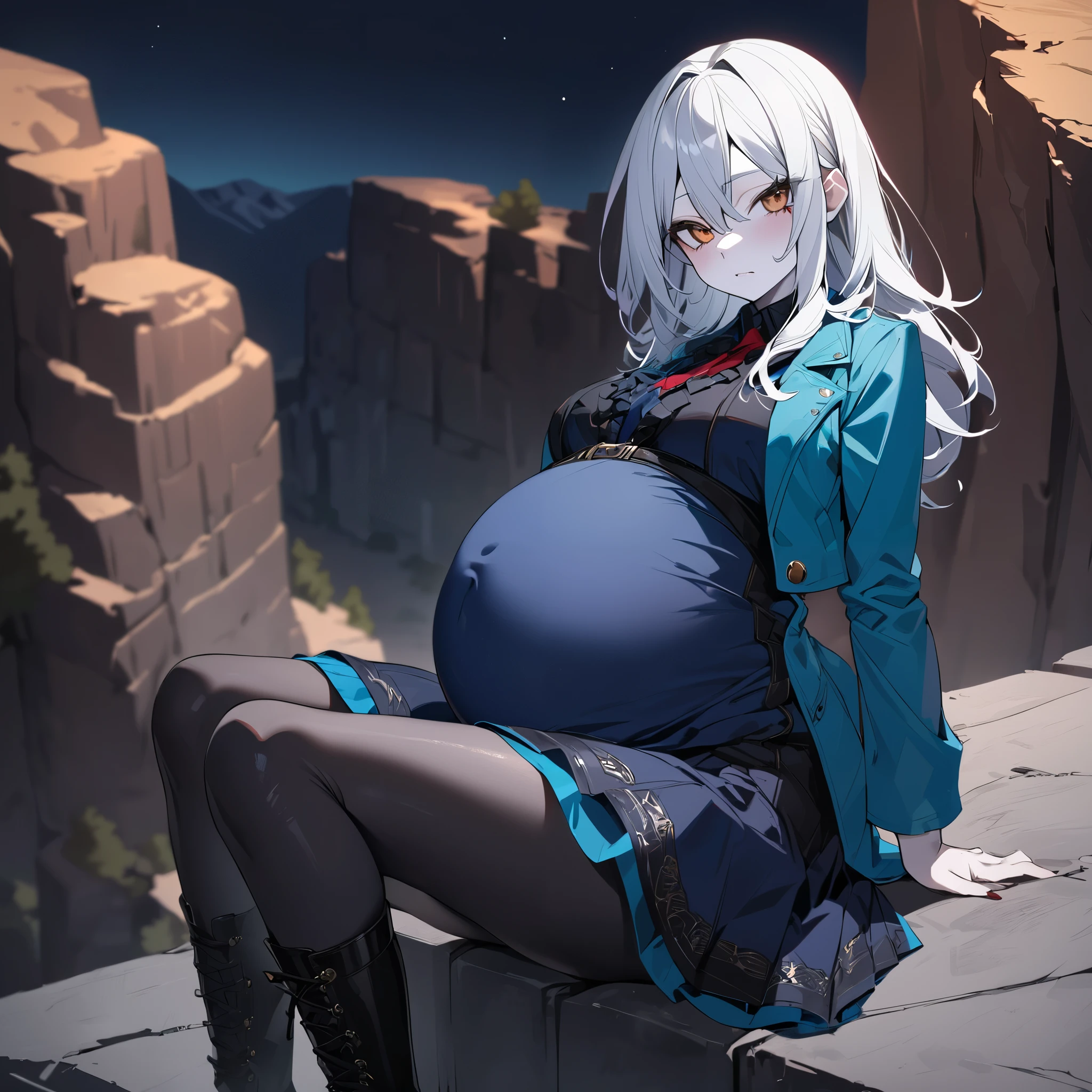 High Resolution, High Quality, High Detail, mountain canyon, night, 1girl, white hair, brown eyes, pitete breast, pale skin, vampire, cyan jacket, black vest, indigo skirt, black leggings, leather boots, sitting on ledge, looking at viewer, bored expression, pregnant