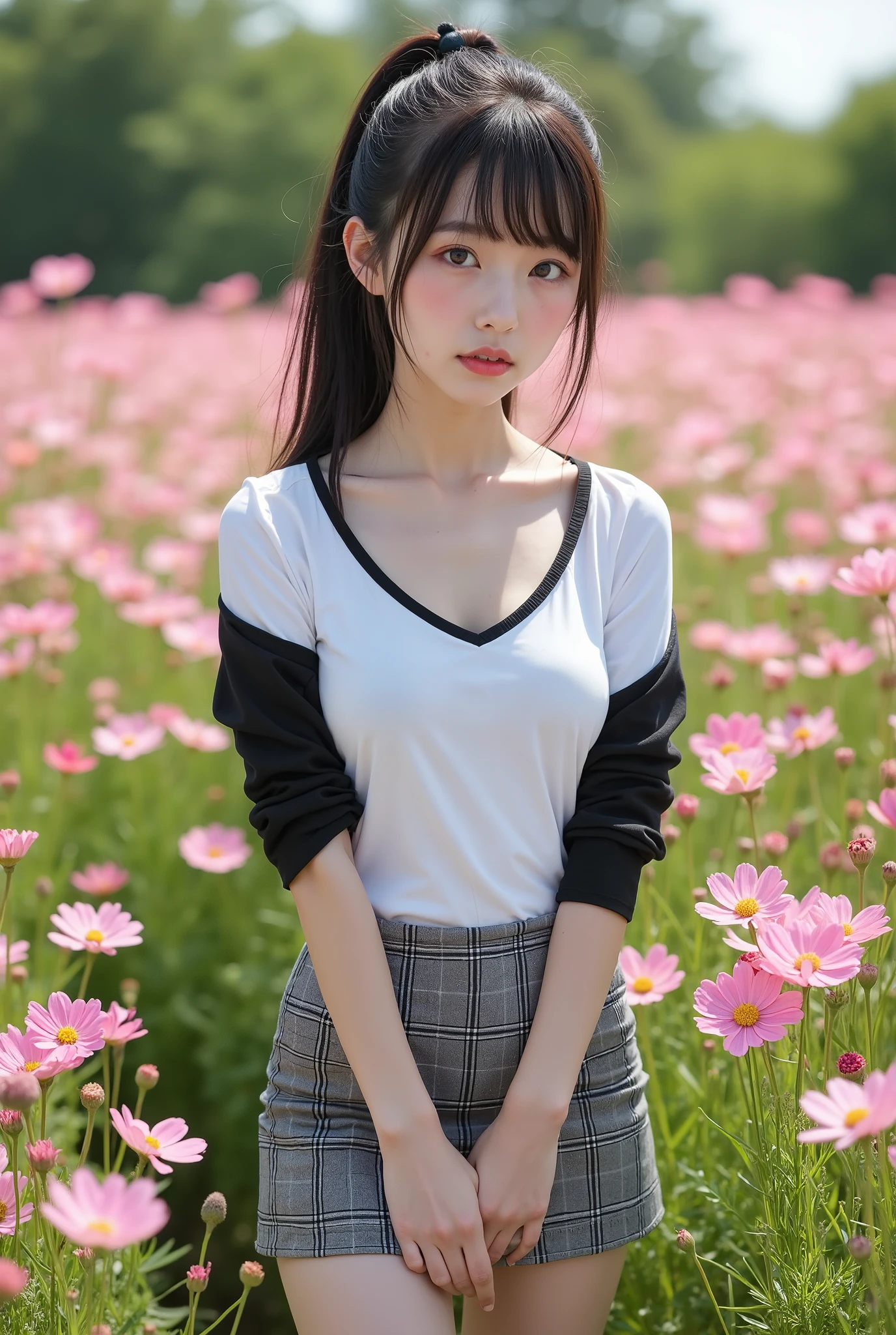 Masterpiece, nsfw,8k,( tidy 1 Girl , slender body, short body, flat chest,Narrow shoulders width, Wide pelvis, Small Ass, thick curvy thighs , taken from below ),(yo Japanese girl , 154 cm tall ,pale skin), top of head,Knees, ((head tilt)),smiling, hands up ,black hair, straight short ponytail with bangs ,( beautiful faces, super cool face ,small eyes, hazel eyes ),
wearing a long sleeve deep-v-neck tight t-shirt , Sleeves are black, Body is white, off shoulder,gray houndstooth tight mini skirt,on grass of pink cosmos flowers,sunny day
85mm , Official AR RAW photos ,( realistic, more details ), top quality, chromatic aberration is anatomically correct , Textured Skin