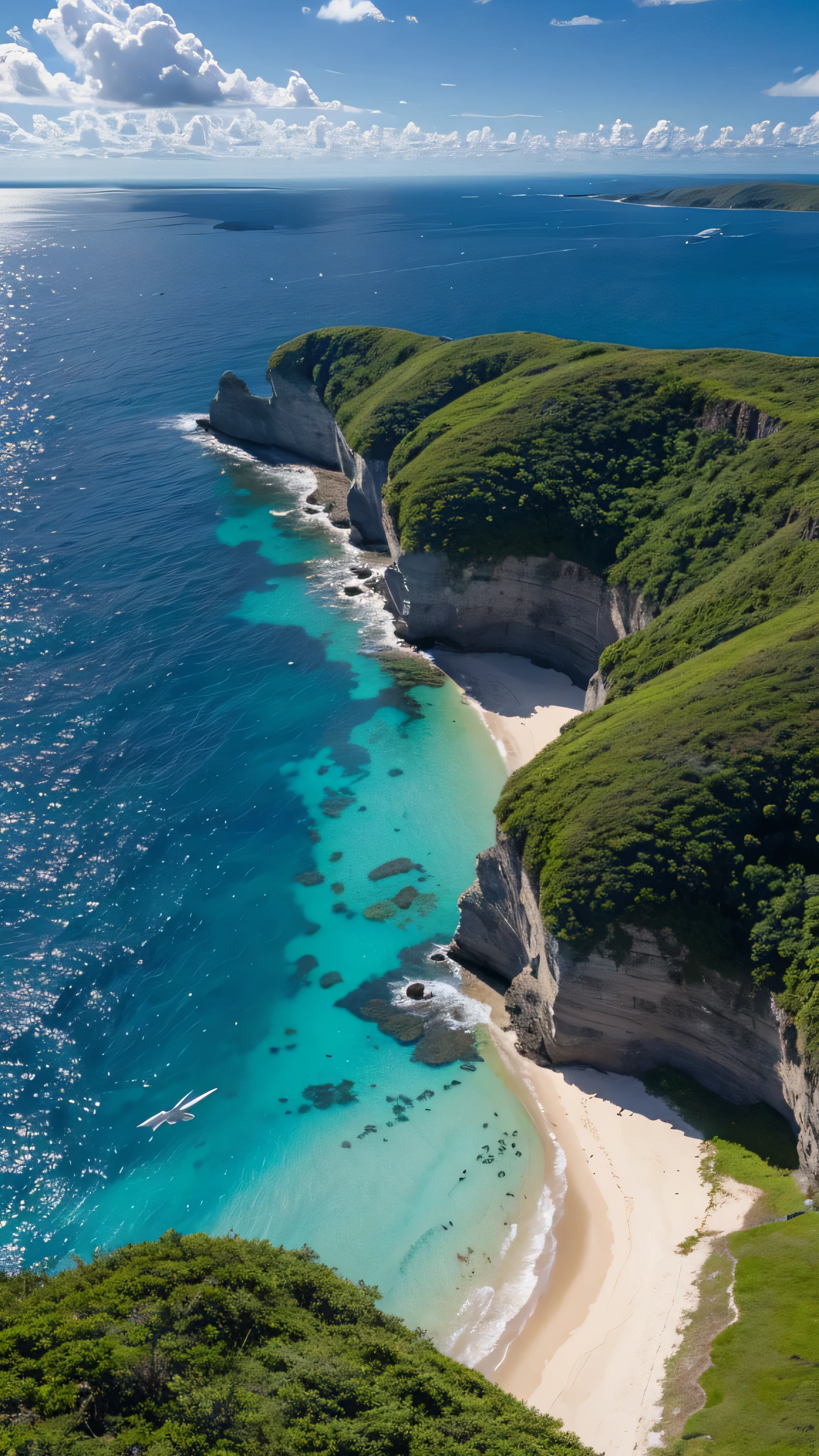 in high definition,4K quality、Migratory birds、 swallows are flying in the sky 、 under a clear blue sky、An island far away in the ocean 々 visible 。The feeling of looking down from above。