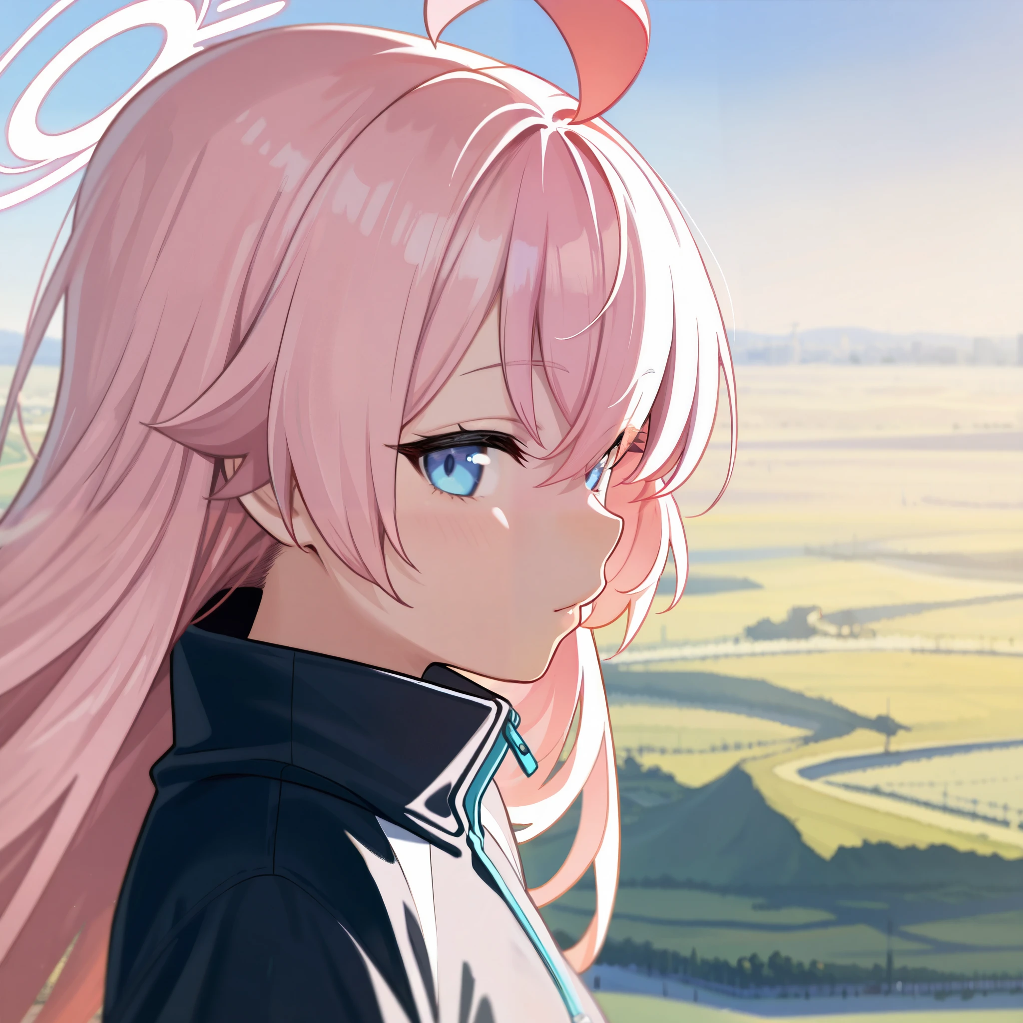 Takanashi Hoshino Blue Archive character, with a background in the city, (best quality:1.1), (masterpiece:1.2), high quality shadow, beautiful detailed, (high detailed skin, skin details), (wide_landscape, 8k), beautiful face, detailed eyes, depth of field, dramatic light, best quality, highres, best shadow, best illumination
