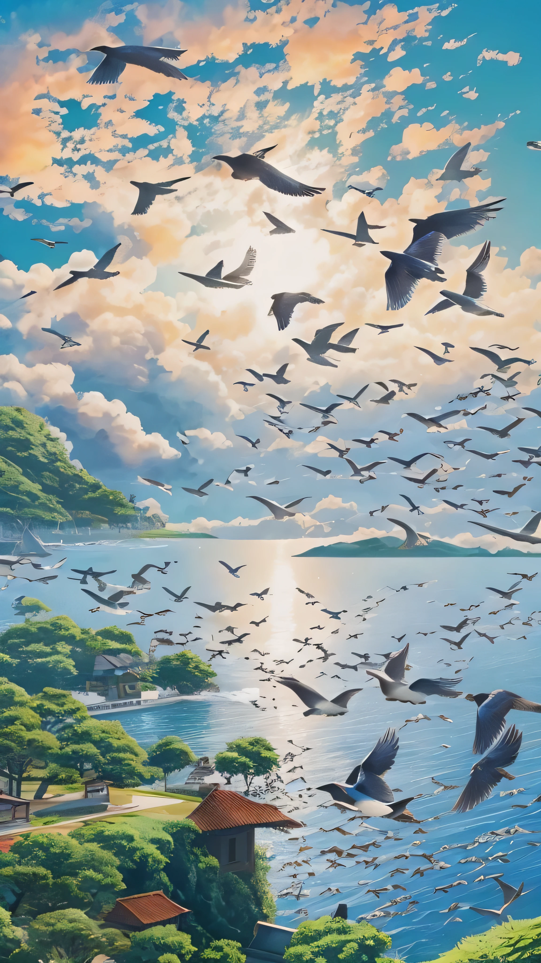 in high definition,Migratory birds、 swallows are flying in the sky 、 under a clear blue sky、An island far away in the ocean 々 visible 。