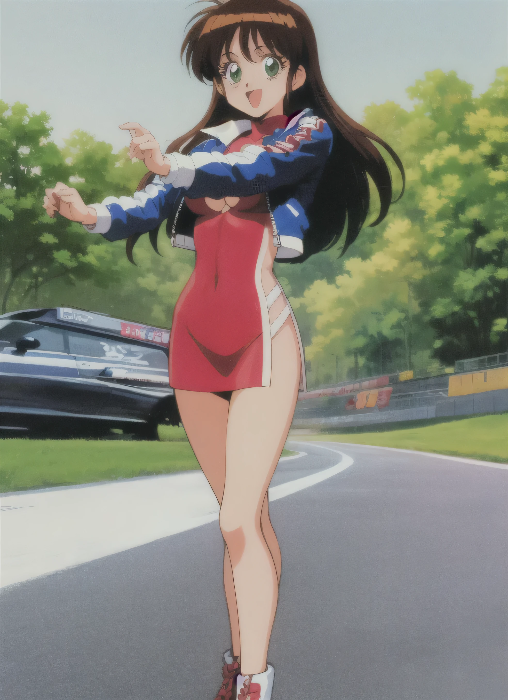 asusugodr, 1girl, solo, heart, hair ornament, green eyes, Stretch your sideburns to your chest、 mini jacket,red dress, retro artstyle, open mouth, 1990s (style), looking at viewer, smile, outdoors, sky, cowboy shot, cleavage cutout, race queen
