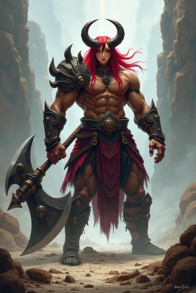 I would like a bald white man with a long braided red beard, an extremely strong physique, shirtless with tattoos covering his body and arms, a lion tattoo on his back, wearing black leather pants with pink details, a cloth tied around his waist, and holding a large golden axe in his hands. There is a spiritual lion behind him, and a great aura of power resides within him. I would like it to be in a mature style, and the art should be in a fantasy and RPG style set in the Old West.