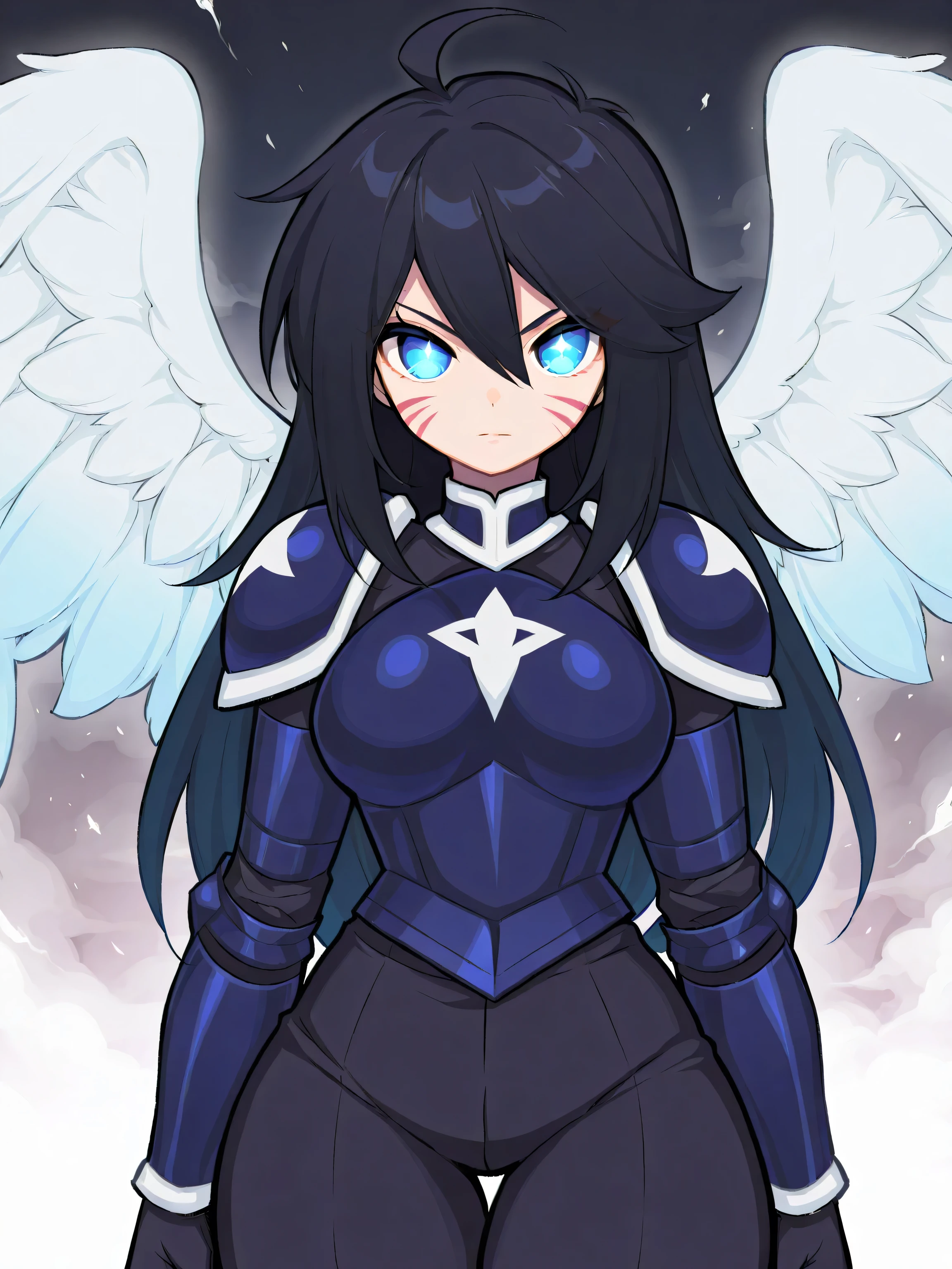 1girl, dark blue armor, solo, ahoge, black_hair, blue_eyes, medium breasts, serious look, crossed armor, white angelical wings, large hips, big thighs, facial_marks on cheek, hair_between_eyes, black trenchcoat, long_hair, shoulder armor, pants, solo, standing, battle stance, long hair, (masterpiece), best quality, expressive eyes, perfect face, ,score_9, score_8_up, score_7_up,source_anime,BREAK