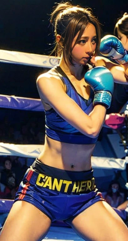 Looks like Aditi Rao Hydari,slightly chubby,wearing black boxing gloves,black boxing gloves,boxing ring,sweaty,tired,exhausted,arms raised,both arms up,boxing gloves on both hands, intricate details,dark blue outfit,(ArtStation:1.2),armpits,sweat,sweaty,sweaty armpits,arms up,showing armpits,awesome armpits,eyeroll,blue outfit,blackish blue arm warmers,blue arm bands,blue black arm warmers