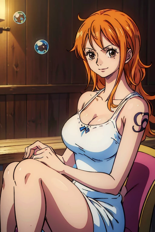 (masterpiece, best quality:1.4), cinematic light, colorful, high contrast, (1girl), nami, onepieceanime, ((large breasts)), orange hair, long hair, night, bath, bathing, nude, desnudo, armpits, eyes orange
