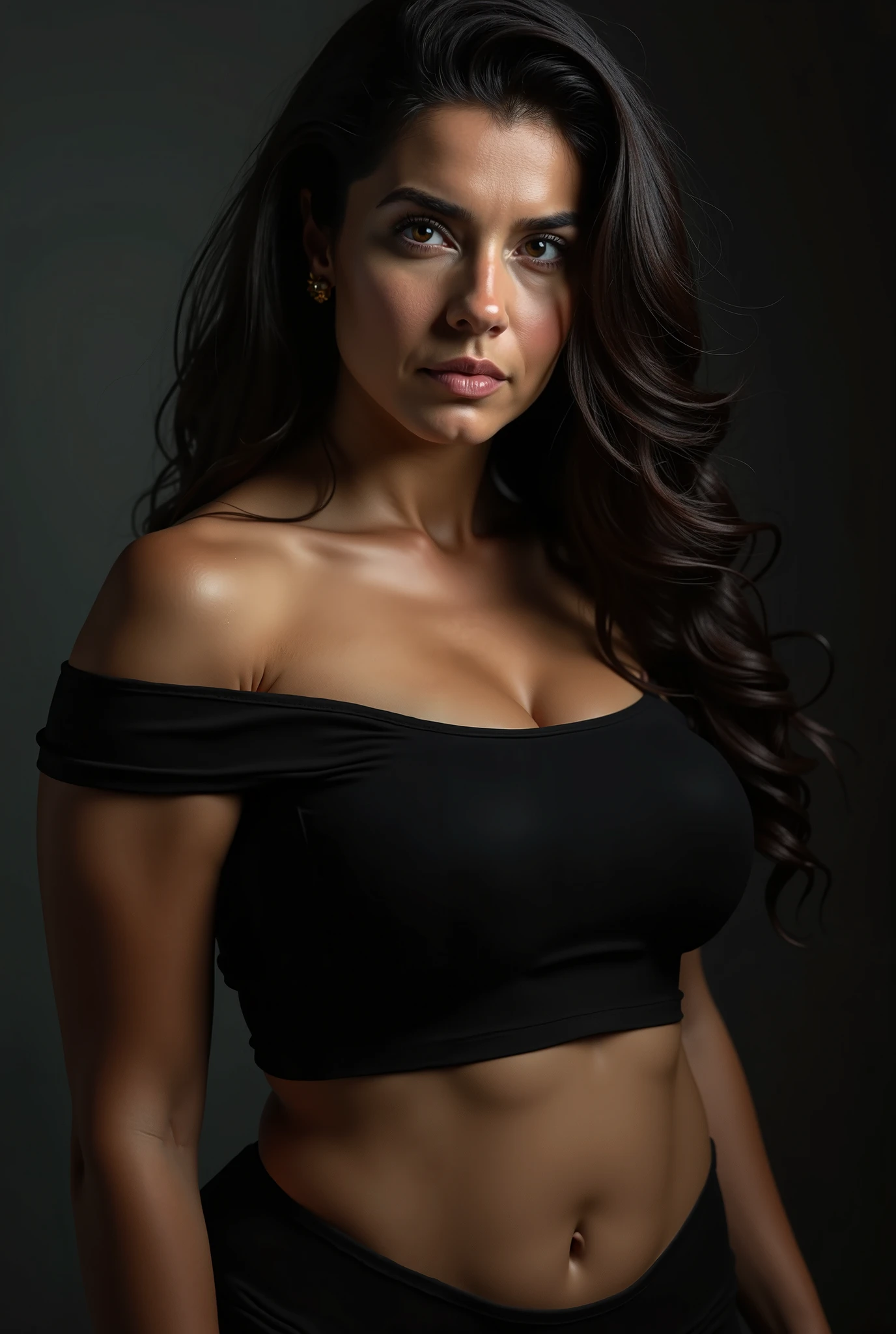 A sultry poster featuring a massive she-hulk. her top is threatening to tear off as it fails to contain her enhanced curves. She's wearing a shredded white tank top that can't contain her huge breasts and massively muscular upper body. she is a giant staring down at the camera.  Her intense gaze captivates, hinting at her dangerous charm and hidden agendas. The background is filled with shadows and silhouettes of mysterious figures, creating an atmosphere of suspense.