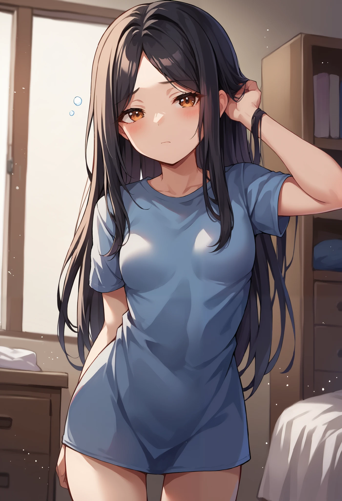 score_9, score_6_up, source_anime, uncensored, cowboy shot, BREAK
1girl, solo, age, medium girl, black hair, long hair, parted bangs, brown eyes, small breasts,
(blue t-shirt dress),
looking at viewer, sleepy, closed mouth, hand on head, standing, BREAK
indoors, bedroom, night