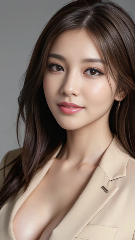 table top, highest quality, realistic, Super detailed, finely, High resolution, 8k wallpaper, 1 beautiful woman,, light brown messy hair, wearing a business suit, sharp focus, perfect dynamic composition, beautiful and detailed eyes, thin hair, Detailed realistic skin texture, smile, close-up portrait, model body shape,cleavage