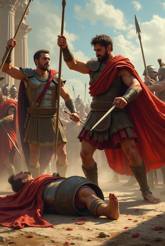 A roman soldier beating a jewish rabbi wearing a kippah
