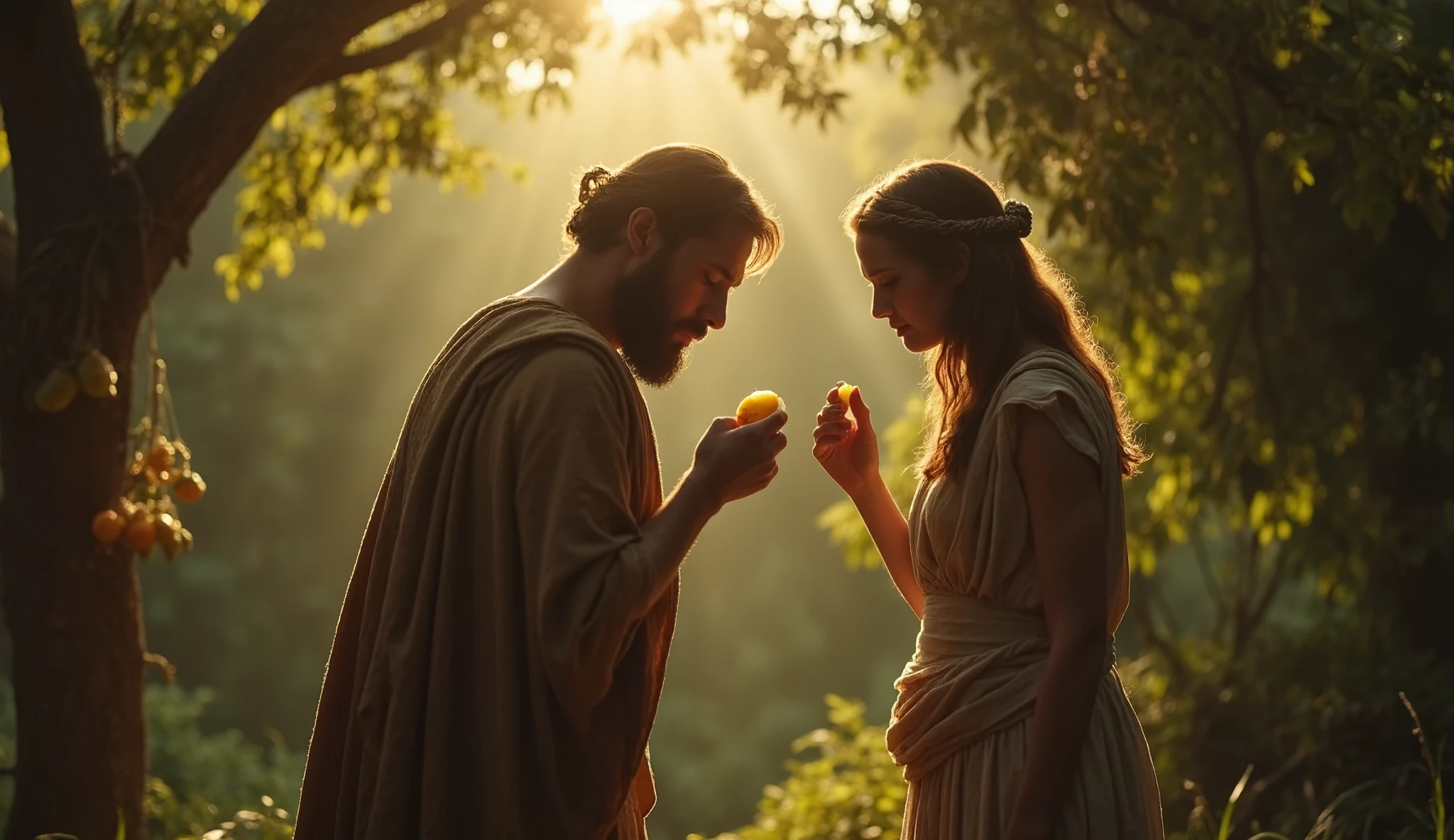 A dramatic scene of Adam and Eve in the Garden of Eden, moments after taking the forbidden fruit . The focus is on their expressions of realization and sorrow, with their heads bowed. In the background, the Tree of Knowledge looms, with its glowing, unidentifiable fruit still hanging from a branch. A radiant light from above symbolizes God’s presence , casting a soft yet convicting glow over the scene. The camera angle is slightly low, emphasizing the gravity of the act of disobedience rather than the fruit itself.