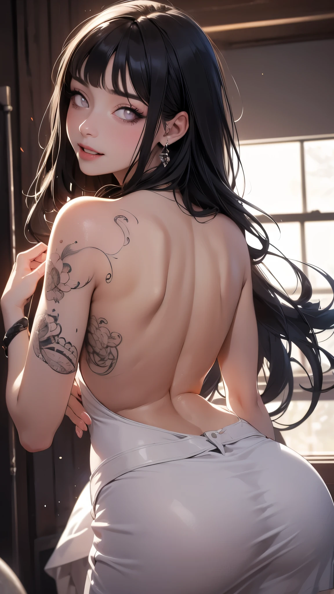 1 beautiful sexy-girl(Hinata Hyuuga), detailed face and eyes, long eyelashes, sensual expression, standing with bare back, large close-up of back, intricate snake tattoo on back with sharp fangs and sinister grin, wearing very short skirt and top, NSFW, hyper detailed, 8K, Pop up style. Sexy pose. More erotic. Nsfw