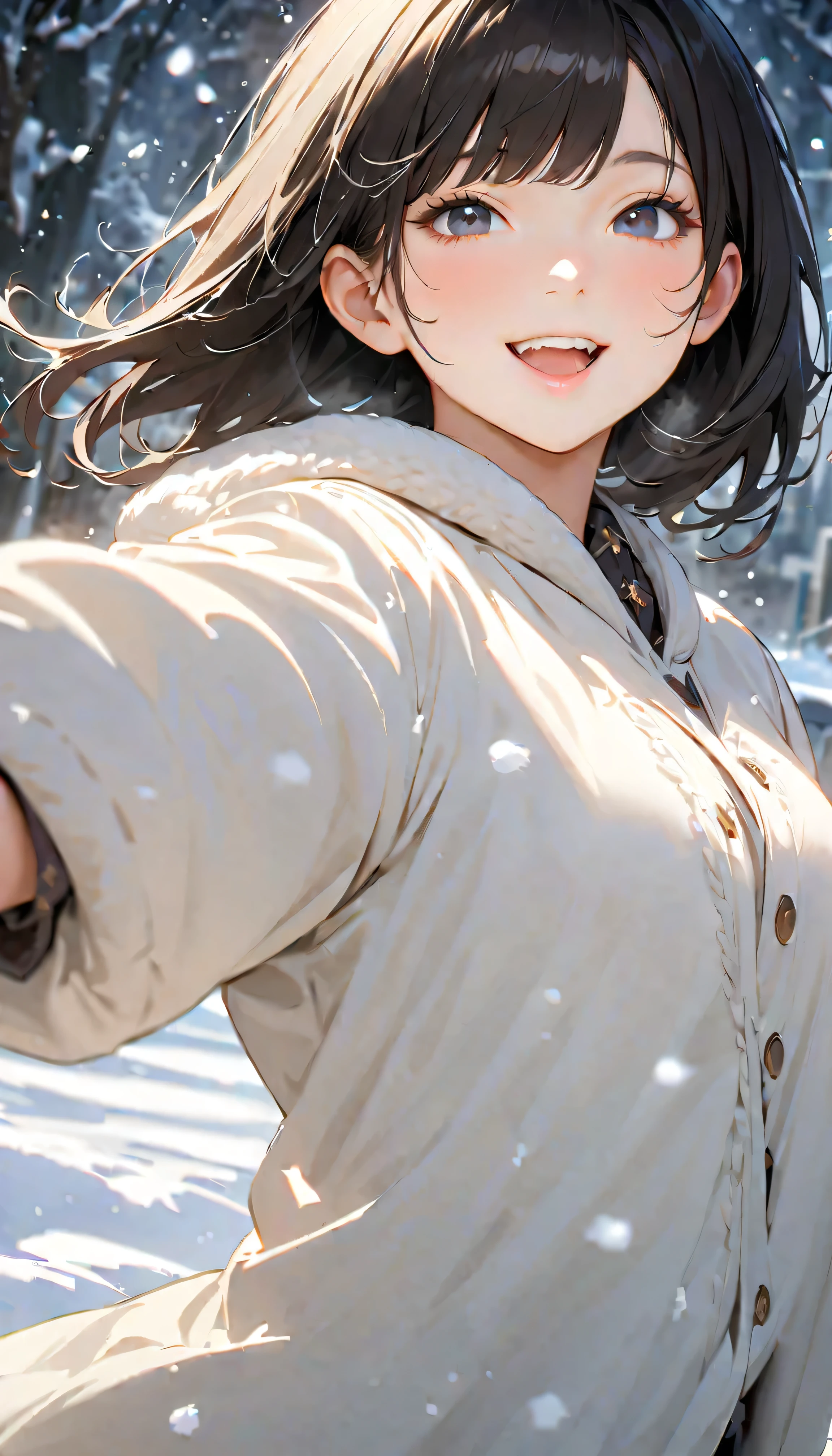 ( top quality :1.2, very detailed, Latest, vibrant, Masterpiece :1.2, top quality , best aesthetics) , Face Up Shot, ((( very detailed目と顔))), Official Art, 8k Ultra HD, very detailed, Delicate and dynamic, Blurred Background, Hiku Snow Scenery , there's snow on the ground, it's snowing , Falling Snow, winter, The World of Silver, Diffuse reflection of light, is dazzling, one woman, 2.5D, smile, black eyes, black hair, young, Fluffy winter clothes, Get excited, dynamic pose , Dynamic Angle , Realistic, her breath is white