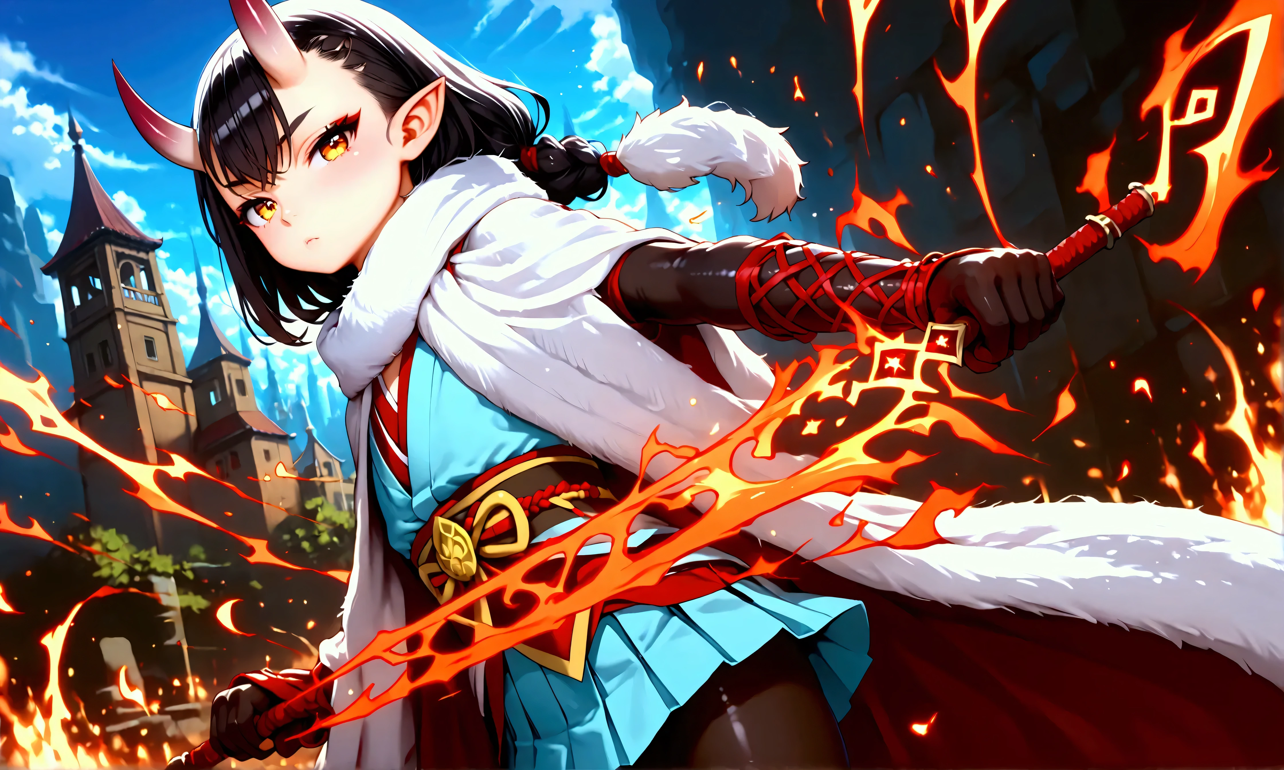 score_9, score_8_up, score_7_up, masterpiece, highest_quality, ultra_detailed, nsfw, absurdres, HDR, official_style, intricate_details, solo_boy_focus, boy is (japanese_shota_femboy, asra_kin, BREAK (hair_color_is_black, eyes_color_is_golden, pantyhose_color_is_white):1.5, BREAK (messy_hair, very_long_hair, forehead_bangs):1.5, (slant_eyes, close_set_thin_eyebrows, eye_liner), pointed_ears, oni_horns, flat_chest, thin_body, short_stature, male_bulge, (spider_pattern_clothes, spider_silk_clothes, kimono, bandaged_arms, hakama_microskirt, pantyhose, fur_scarf), dynamic_pose, acrobatic_pose, fighting_pose, hold_flaming_runesword, spider_silk, spider_thread):1.5, BREAK full_of_details, detailed_face, five_fingers, perfect_hands, perfect_fingers, dramatic_angle, dynamic_angle, dynamic_perspective, gray_background