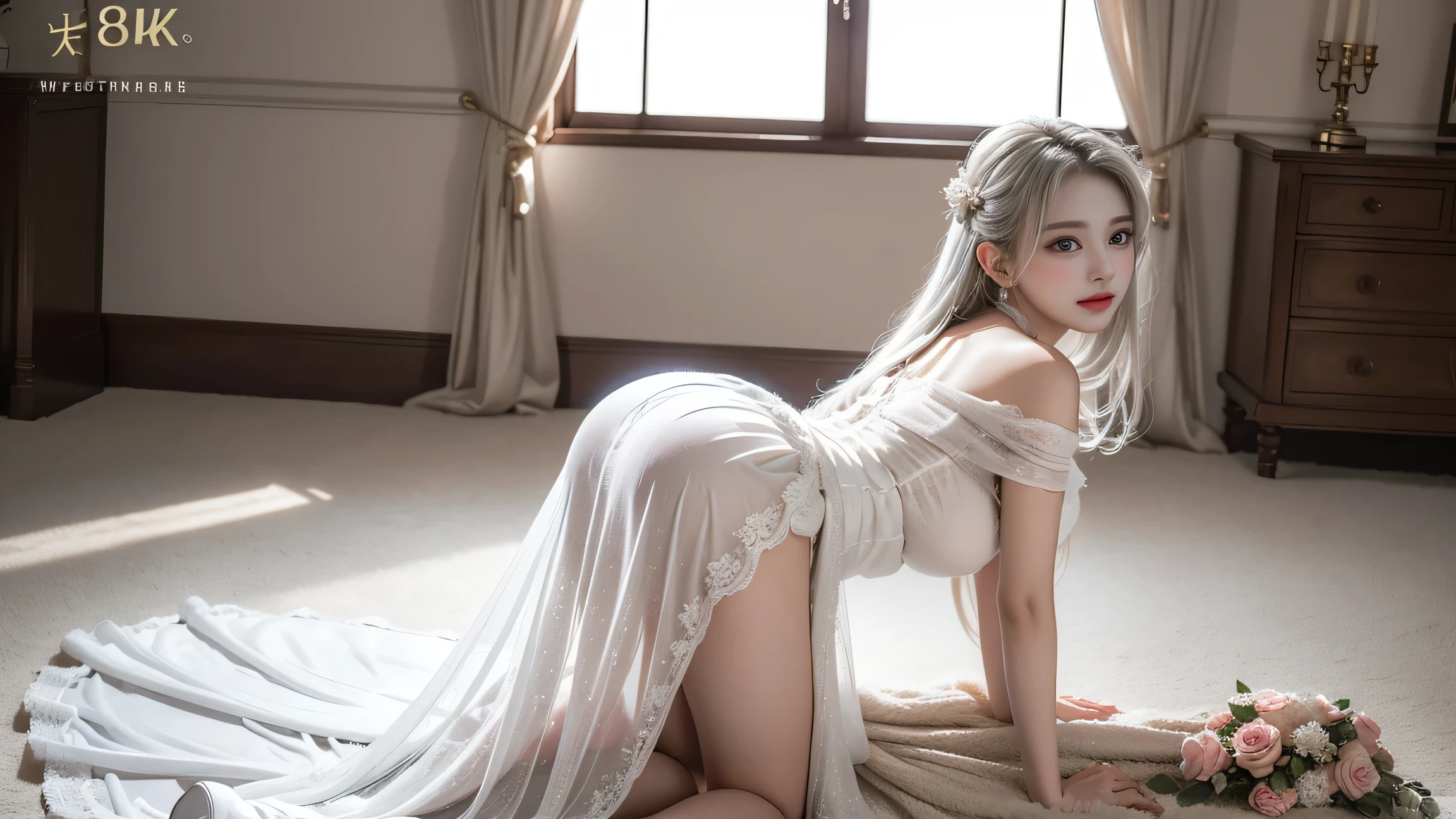 ((Girl on all fours in the office)）,(((Rear view))）、 silver hair, bangs, Dull bangs, long straight hair, aqua eye, long eyelashes, three-dimensional round eyes, compensate, open your mouth, blush, parted lips, bright pupils, smiley, enchanting smile, shine, surrealism, modern、black pantyhose、high heels、（(Pure white dress Loral dress、、off shoulder、Panty shot: 1.6)）、The skyscrapers are visible from the window４、((black lace panties)）、((stick out your butt))、provocative、