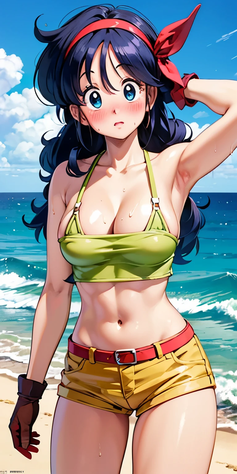 1 Female,High definition,high resolution,Ultra-realistic,8K,Launch (Blue Hair), 1girl, solo, blue hair, gloves, shorts, crop top, midriff, long hair, red hairband, yellow shorts,standing, solo, large_breasts, standing, black bikini,micro bikini,masterpiece, best quality, detailed face, detailed eyes, highres,European,sexy,Photographed from the front,Dynamic Angles,blush, (big tits),(cleavage),cute face, facial, sweat, perfect face, perfect body,(wide thighs:1.3),cute face,(upper body),(arms behind head),beach ,sand, ocean,((nipples ))