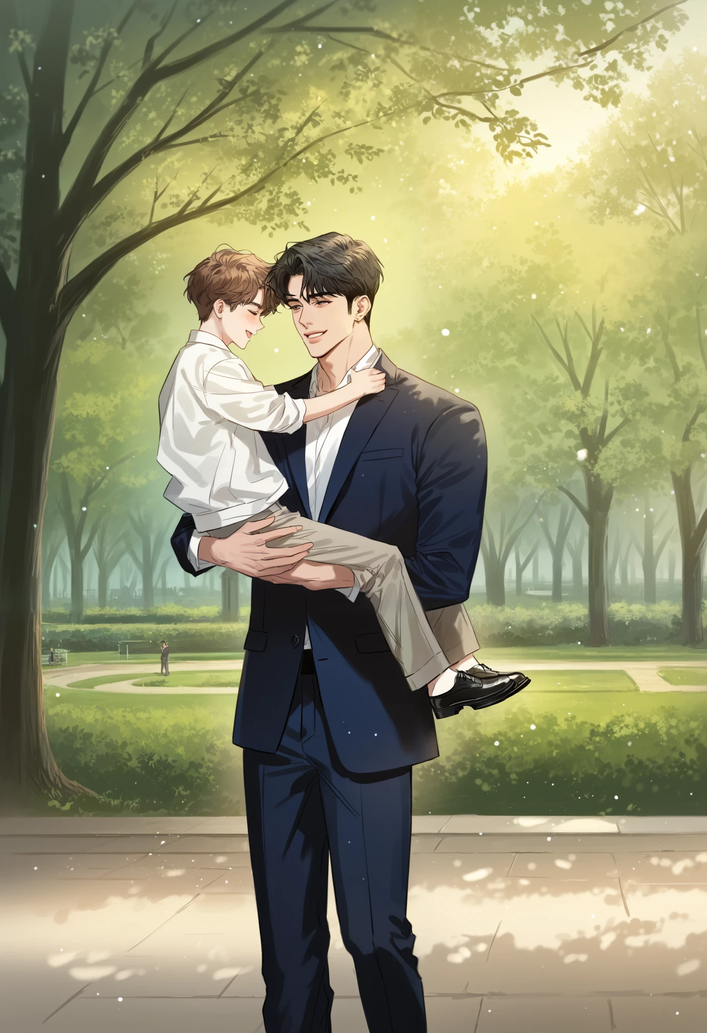 A father carrying his 3-year son, happy, family atmosphere, (masterpiece, in a beautiful park background, detailed, best quality), manhwa-realism, beautiful