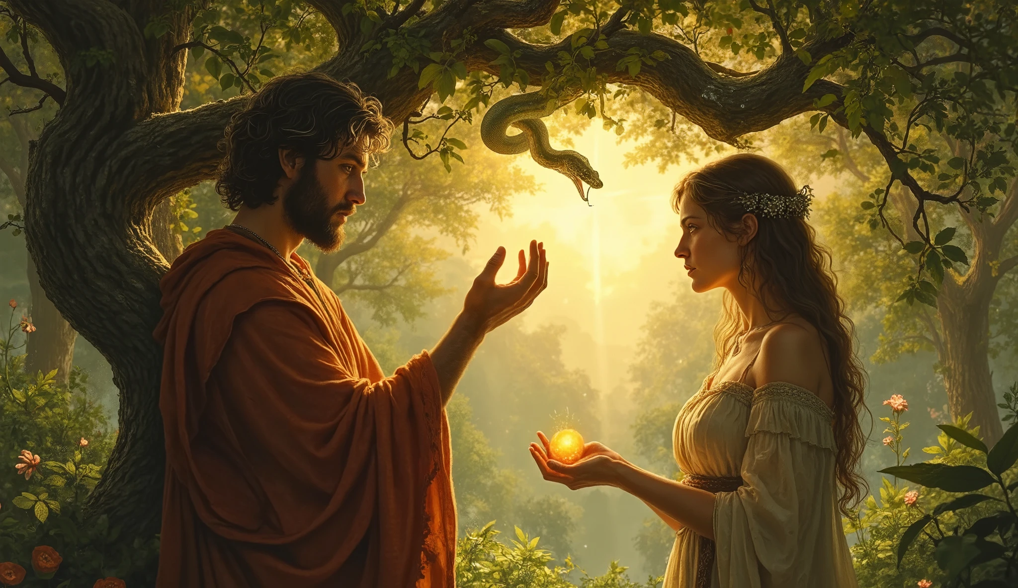 Adam and Eve standing near the Tree of Knowledge in the lush Garden of Eden. Eve is holding the glowing, mysterious fruit in her hand, her expression torn between curiosity and hesitation. Adam, standing beside her, appears equally conflicted, glancing between the fruit and the heavenly light shining in the distance. The tree is magnificent, with an ethereal aura, while the serpent coils subtly around a branch, whispering in Eve's ear. The scene captures the critical moment of choice, with warm and inviting colors contrasting against the ominous shadow of temptation.  
