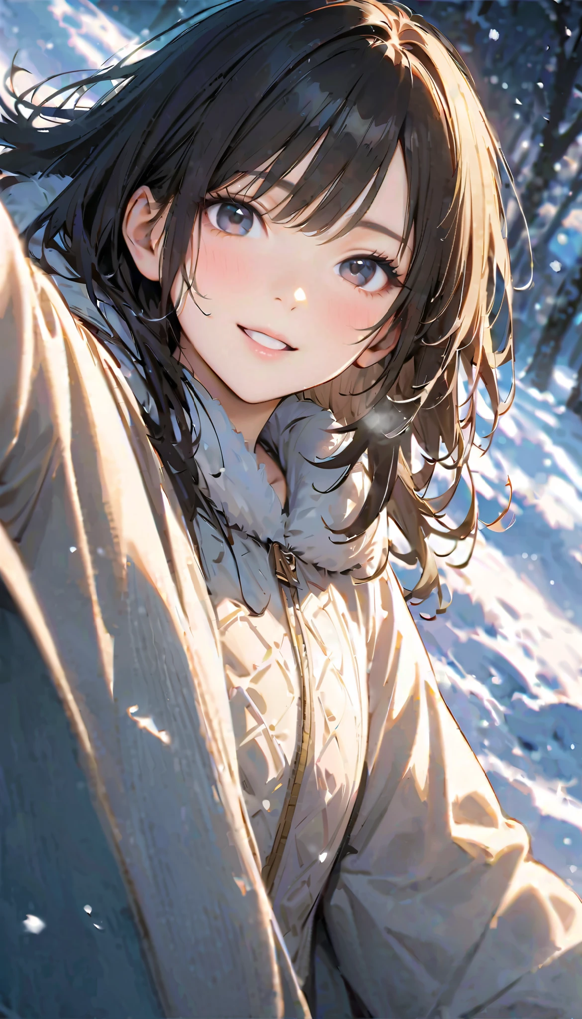 ( best quality :1.2, very detailed, Latest, lively, Masterpiece :1.2, best quality , Aesthetics at its best) , Face Up Shot, ((( very detailed目と顔))), Official Art, 8k Ultra HD, very detailed, Delicate and dynamic, blurred background , Hiku Snow Scenery , there's snow on the ground, it's snowing, Falling Snow, winter, The World of Silver, Diffuse reflection of light, is dazzling, one woman, 2.5D, smile, black eyes, black hair, young, Fluffy winter clothes, Get excited, Dynamic Poses, dynamic angle, Realistic, her breath is white