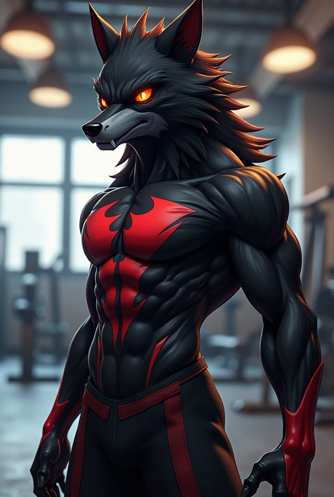 wolf, man, ((black skin, extremely detailed body, detailed paws, serious expression, 4k, 8k, ultra-detailed)) (perfect anatomy), detailed hands, ((heterochromia, blue right eye, red left eye, extremely detailed eyes)), ((chest tattoo, red tattoo, waning moon tattoo)), full body vision, cinematic lighting, professional lighting, centered, looking at camera, 8k, 3d shader, maximum focus, depth of field, perfect lighting, light particles, (best quality), sharp focus, light particles, standing, black shorts, standing, detailed legs, detailed paws,