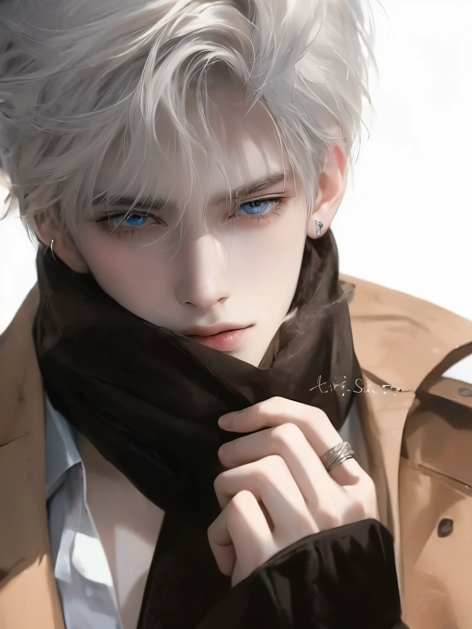 a handsome boyfriend. white hair, blue eyes, he is from England, 26 years old, masterpiece, profile pic, behave insidiously, snake, little bit of scales