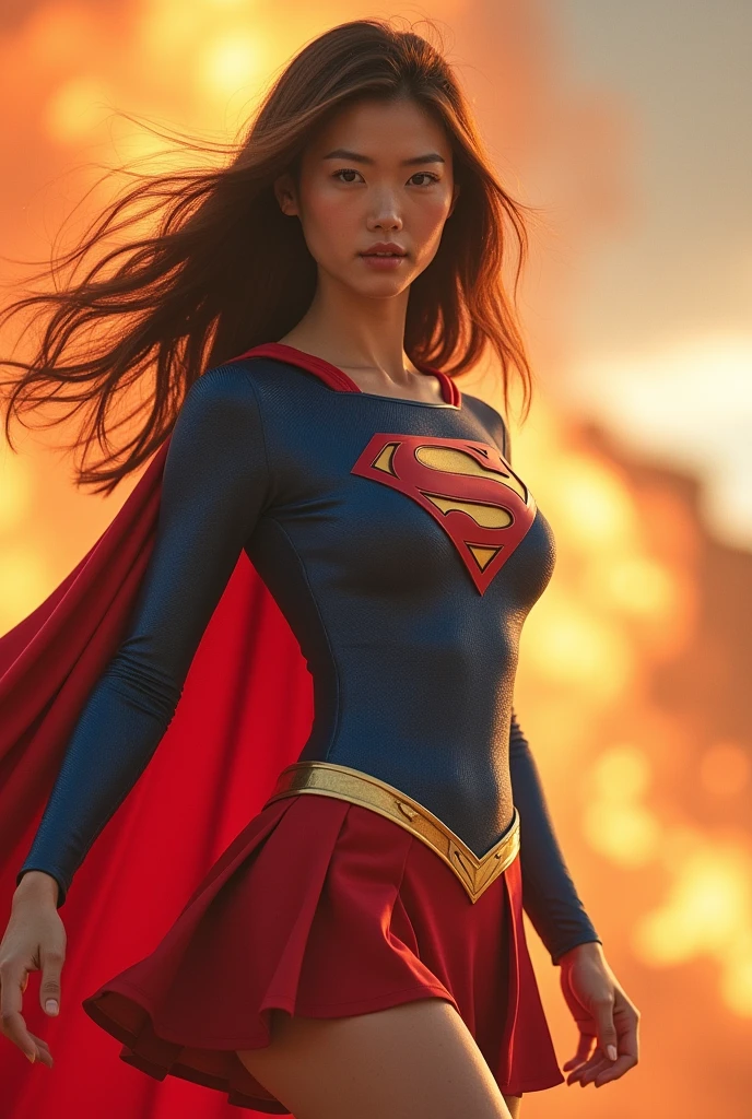 A FULL BODY VIEW OF A SEXY BUSTY TEEN FEMALE WITH DREAMY GREEN EYES AND MEDIUM MESSY BLACK HAIR WEARING A BLACK LONG-SLEEVED CROP=TOP SUPERGIRL COSTUME WITH A SILVER "S" EMBLEM, A SHORT BLACK PLEATED SKIRT WITH A SILVER BELT, BLACK HIGH HEELED SUPERGIRL BOOTS, AND A LONG BLACK SUPERGIRL CAPE WITH SILVER TRIM. INCREDIBLY DETAILED SKIN, INCREDIBLEY DETAILED FACE, INCREDIDBLEY DETAILED CLOTHING, TEXTURED SKIN PORES, TEXTURED HAIR, 8K ABSURD RESOLUTION, MASTERPIECE. PHOTO REALSITIC, HYPER REALISTIC. EXOTIC BACKGROUND.