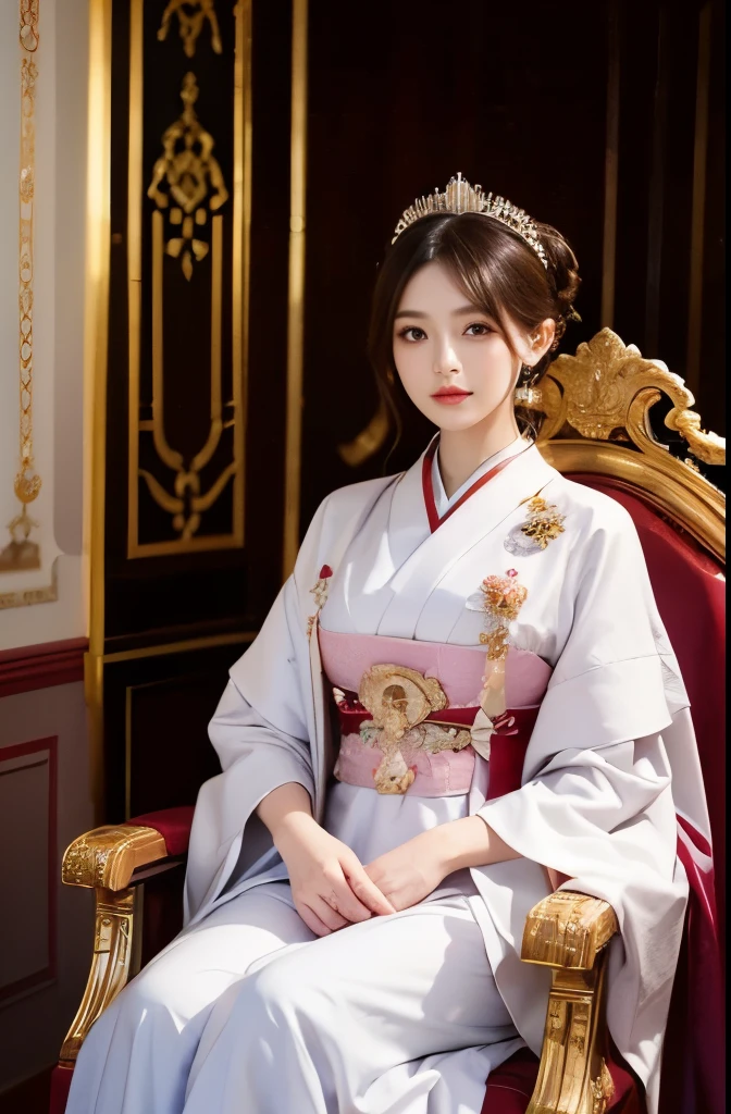  best quality 、 Fantastic、Mysterious、Empress、Female emperors、female ruler 、She sits on the throne、 young pretty woman、Luxurious Japanese Clothes 、 noble costume 、Cinematic