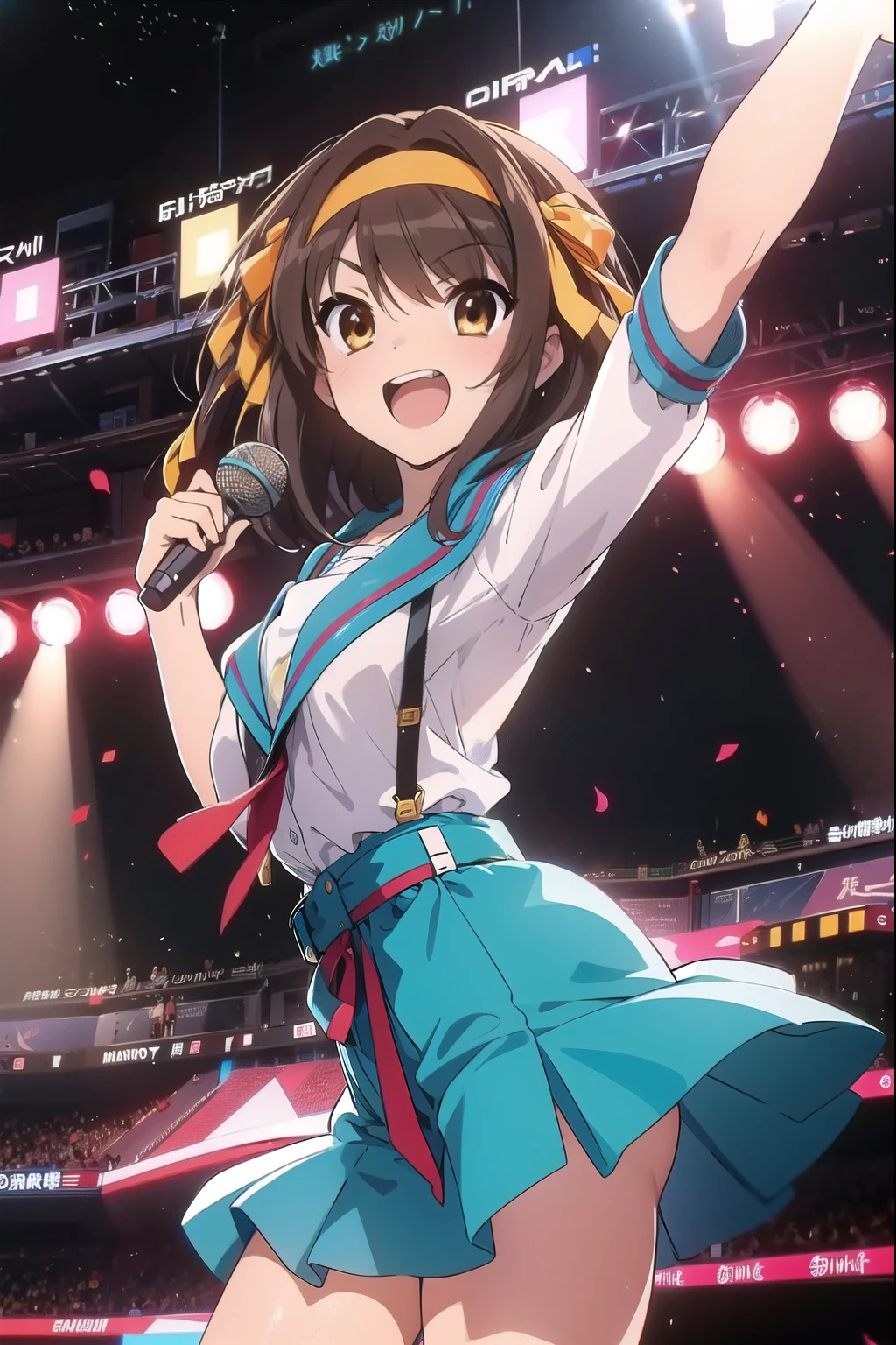 masterpiece, best quality,ultra detail, haruhi. Holding a mic