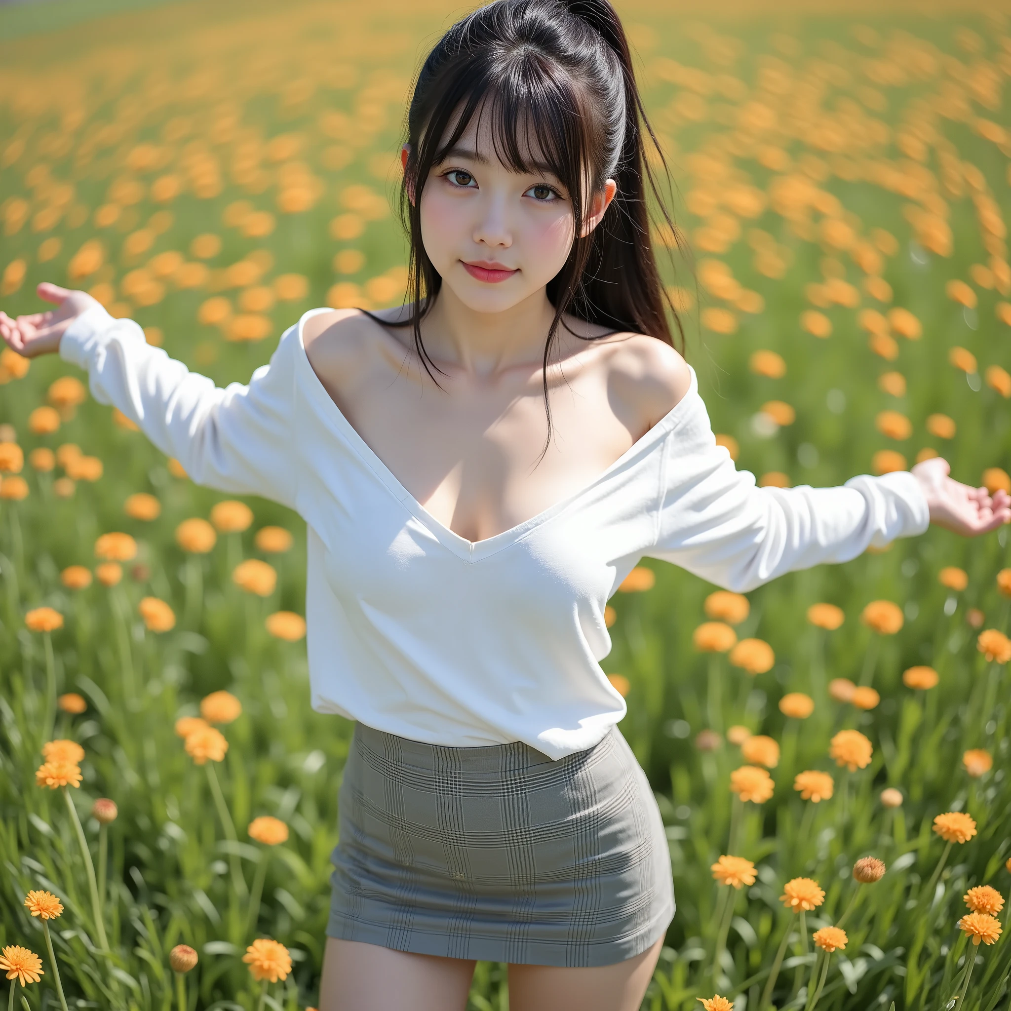 Masterpiece, nsfw,8k,( tidy 1 Girl , slender body, short body, flat chest,Narrow shoulders width, Wide pelvis, Small Ass, thick curvy thighs , taken from below ),(14yo Japanese girl , 154 cm tall ,pale skin), top of head,Knees, ((head tilt)),cool smiling, standing with spreading arms,black hair, straight short ponytail with bangs ,( beautiful faces, super cool face ,small eyes, hazel eyes ),
wearing a long sleeve deep-v-neck tight t-shirt , Sleeves are black, Body is white, off shoulder,gray houndstooth tight mini skirt,on grass of light-orange color flowers,sunny day
85mm , Official AR RAW photos ,( realistic, more details ), top quality, chromatic aberration is anatomically correct , Textured Skin