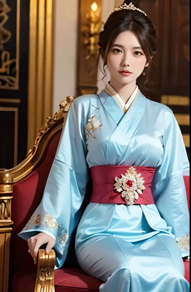  best quality 、 Fantastic、Mysterious、Empress、Female emperors、female ruler 、 and she is seated on the throne in the grand hall of the palace、There are many vassals in the saloon 、 young pretty woman、Luxurious Japanese Clothes 、 noble costume 、Cinematic