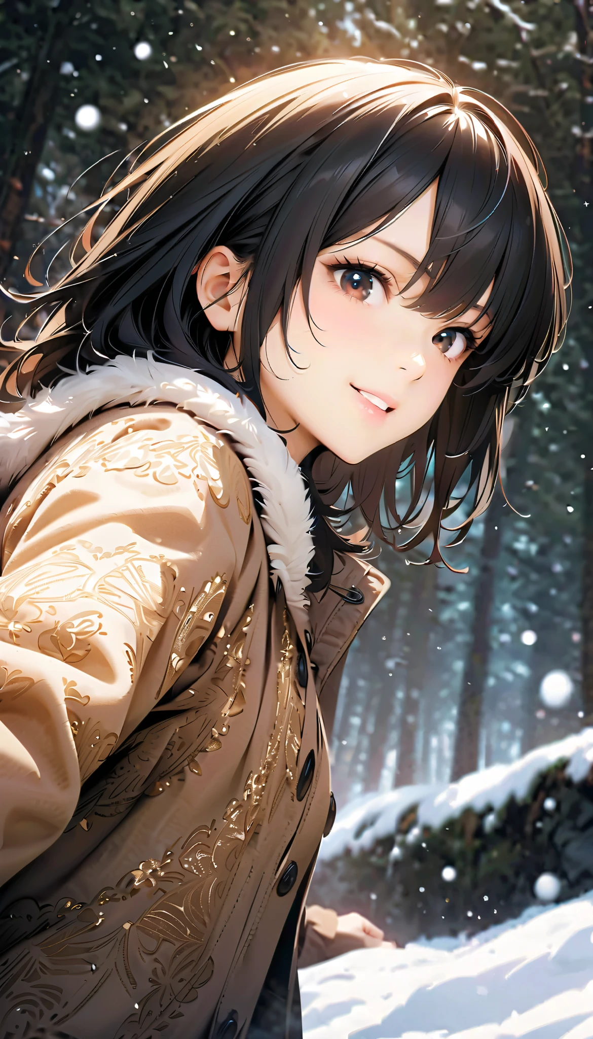 ( best quality :1.2, very detailed, Latest, lively, Masterpiece :1.2, best quality , Aesthetics at its best) , Face Up Shot, ((( very detailed目と顔))), Official Art, 8k Ultra HD, very detailed, Delicate and dynamic, blurred background , Hiku Snow Scenery , there's snow on the ground, it's snowing, Falling Snow, winter, The World of Silver, Diffuse reflection of light, is dazzling, one woman, 2.5D, smile, black eyes, black hair, young, Fluffy winter clothes, Get excited, dynamic pose, dynamic angle, Realistic, her breath is white