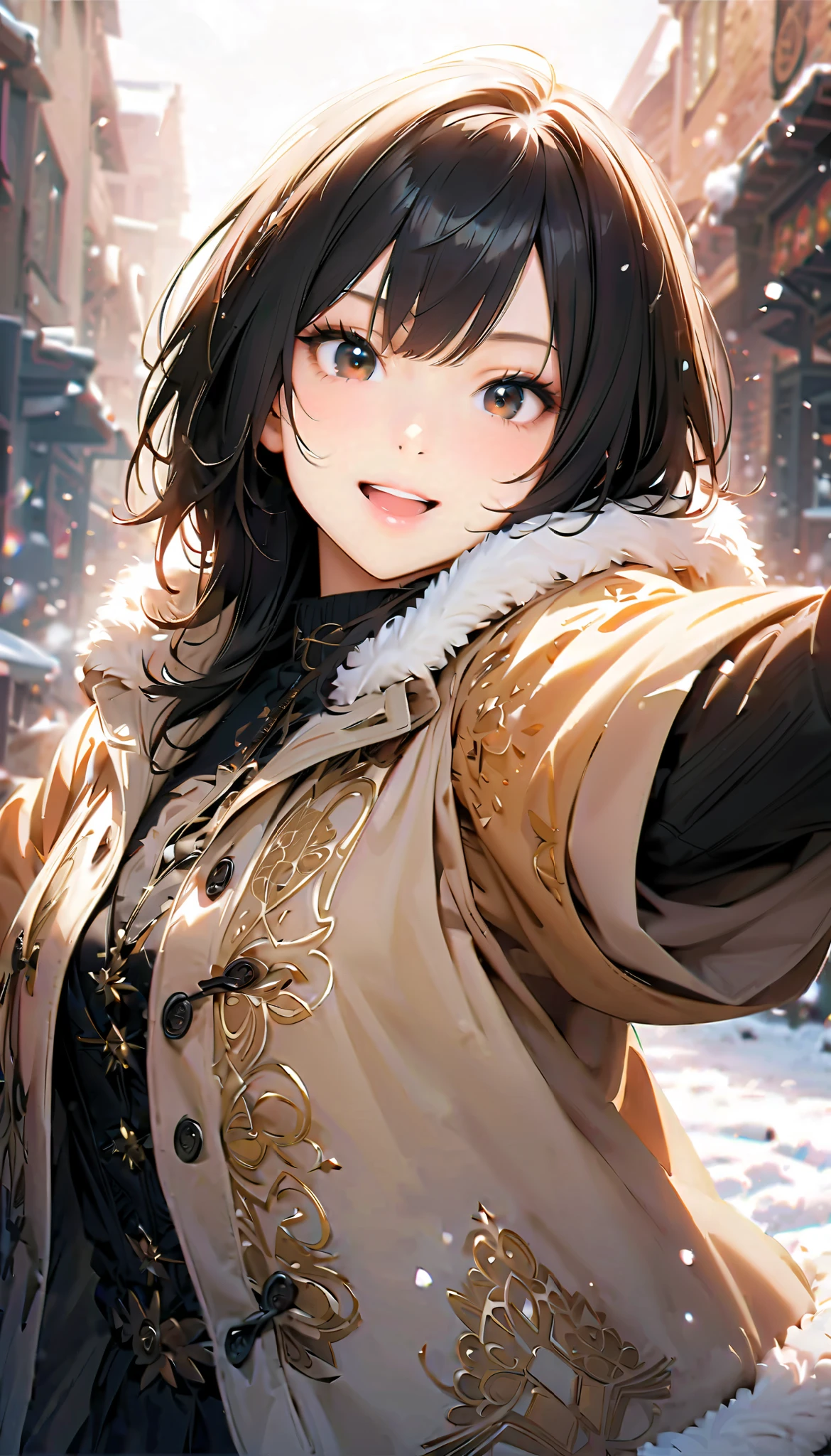 ( best quality :1.2,  very detailed, Latest,  lively,  Masterpiece :1.2,  best quality , Aesthetics at its best) , Face Up Shot, ((( very detailed目と顔))),  Official Art,  8k Ultra HD,  very detailed, Delicate and dynamic,  blurred background , Hiku Snow Scenery , there's snow on the ground,  it's snowing, Falling Snow, winter,  The World of Silver, Diffuse reflection of light,  is dazzling,  one woman, 2.5D, smile,  black eyes,  black hair, young, Fluffy winter clothes, Get excited,  dynamic pose,  dynamic angle, Realistic, her breath is white