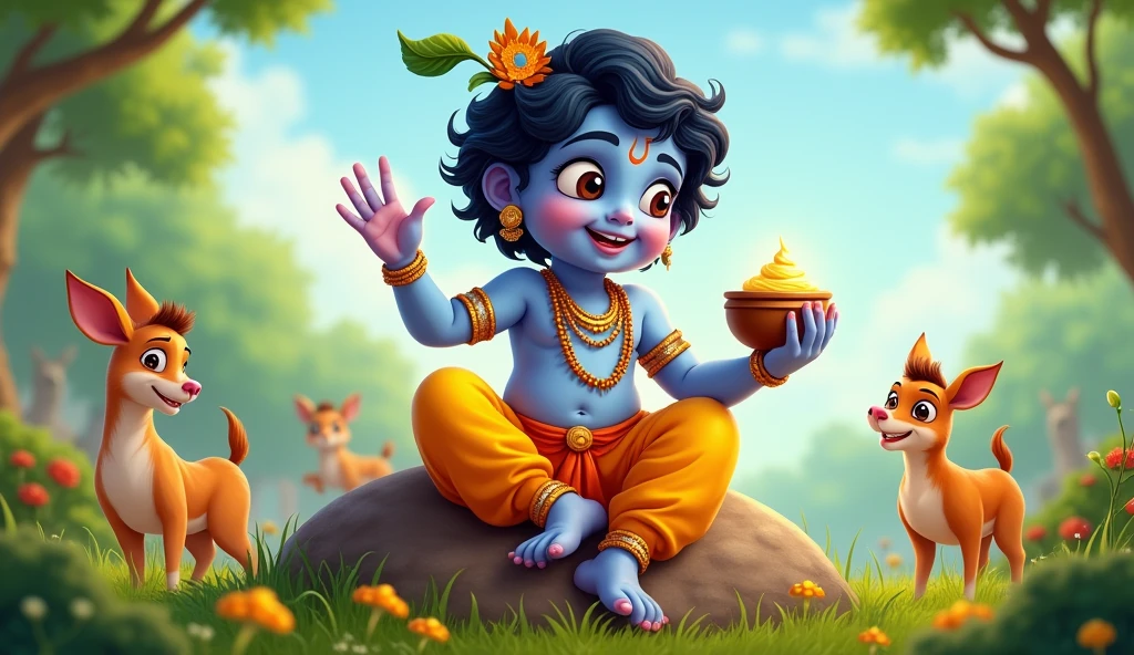 "Create a detailed and vibrant image of Baby Krishna, depicted as a young, adorable child with dark blue skin, big expressive eyes, and a charming smile. He is dressed in traditional Indian attire with a yellow dhoti, adorned with gold jewelry, and wearing a peacock feather in his curly black hair. Baby Krishna is sitting on a lush green field, playing with a flute in one hand and holding a pot of butter in the other. Surround him with playful cows and calves, with a beautiful river and forest in the background, under a clear blue sky with gentle sunlight. The overall mood should be joyful and serene, capturing the divine and mischievous nature of Baby Krishna."