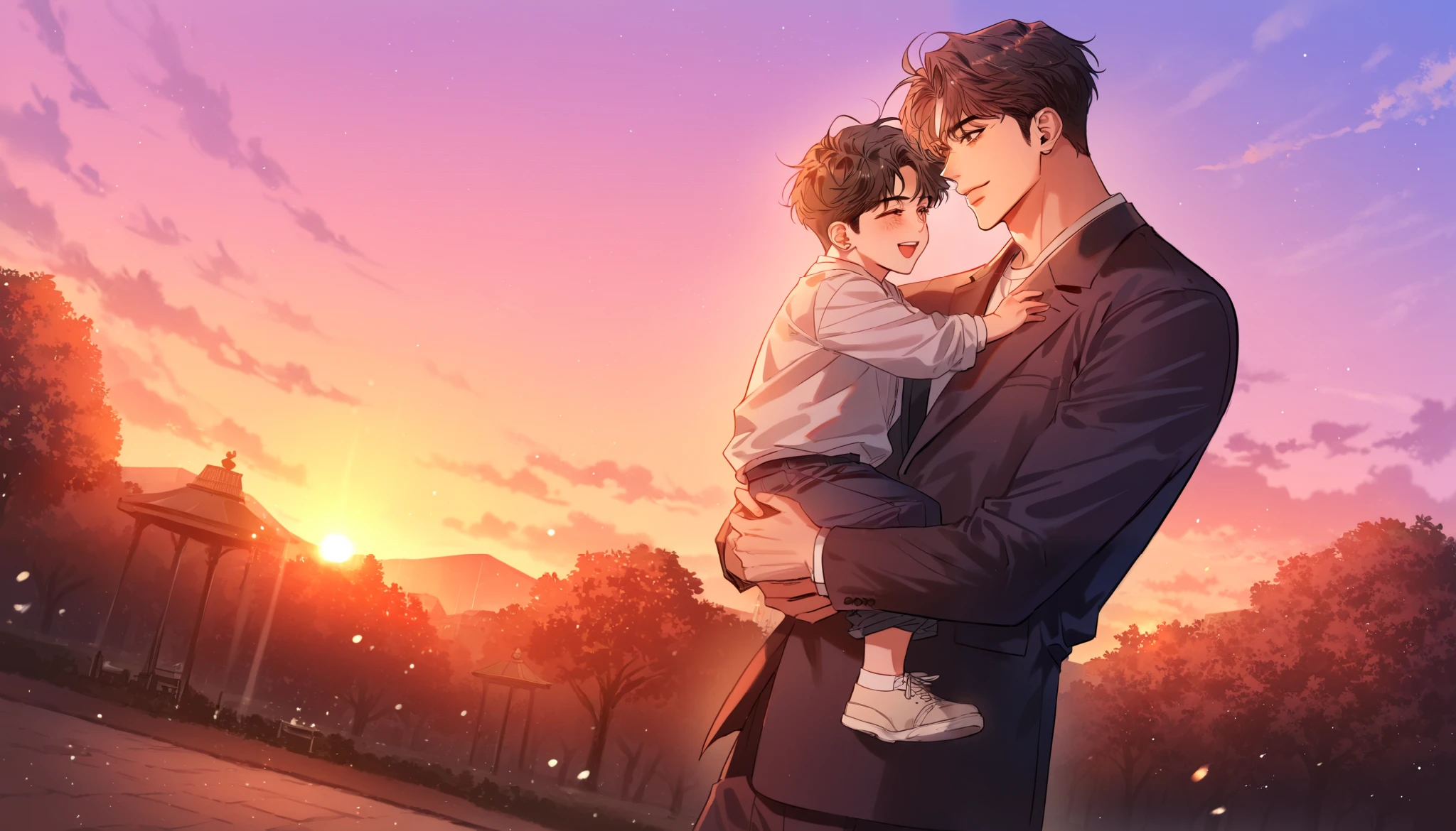 A father carrying his 3-year son, happy, family atmosphere, happy, (masterpiece, in a beautiful park with the sunset and breeze background, detailed, best quality, dynamic angle), manhwa-realism, beautiful