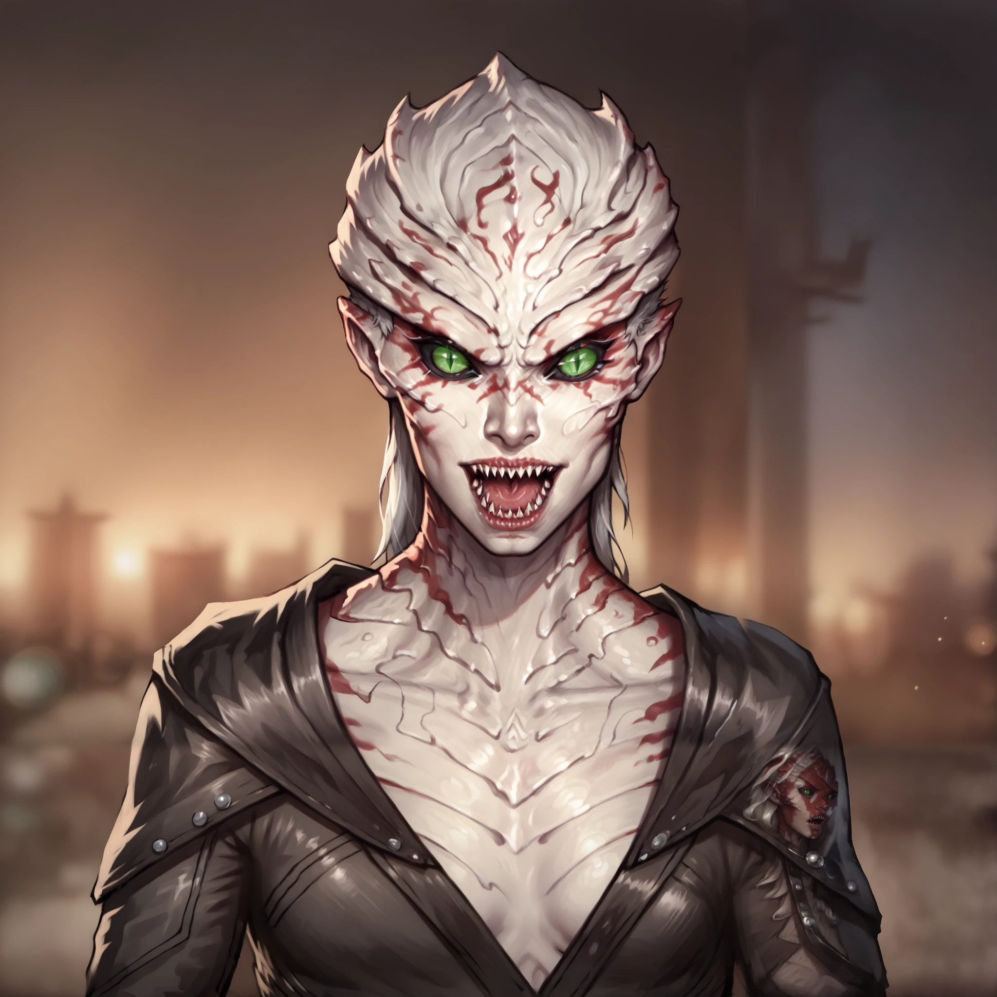 (((beautiful, high quality, comics style, detailed face))), score_9, score_8_up, score_7_up, BREAK, portrait, solo, 1girl, female ((parshendi, alien, carapace:1.1, white skin with red marbling, black sclera, slit pupils, scales)), green eyes, white hair, undercut, messy asymmetrical bob hairstyle, (((Mmouth, open mouth, sharp teeth))), slender, small breasts, black studded jumpsuit, cropped cloak, leather bracers, fantasy background, blurred background, zPDXL3, detailxl, DeepNegative_xl_v1