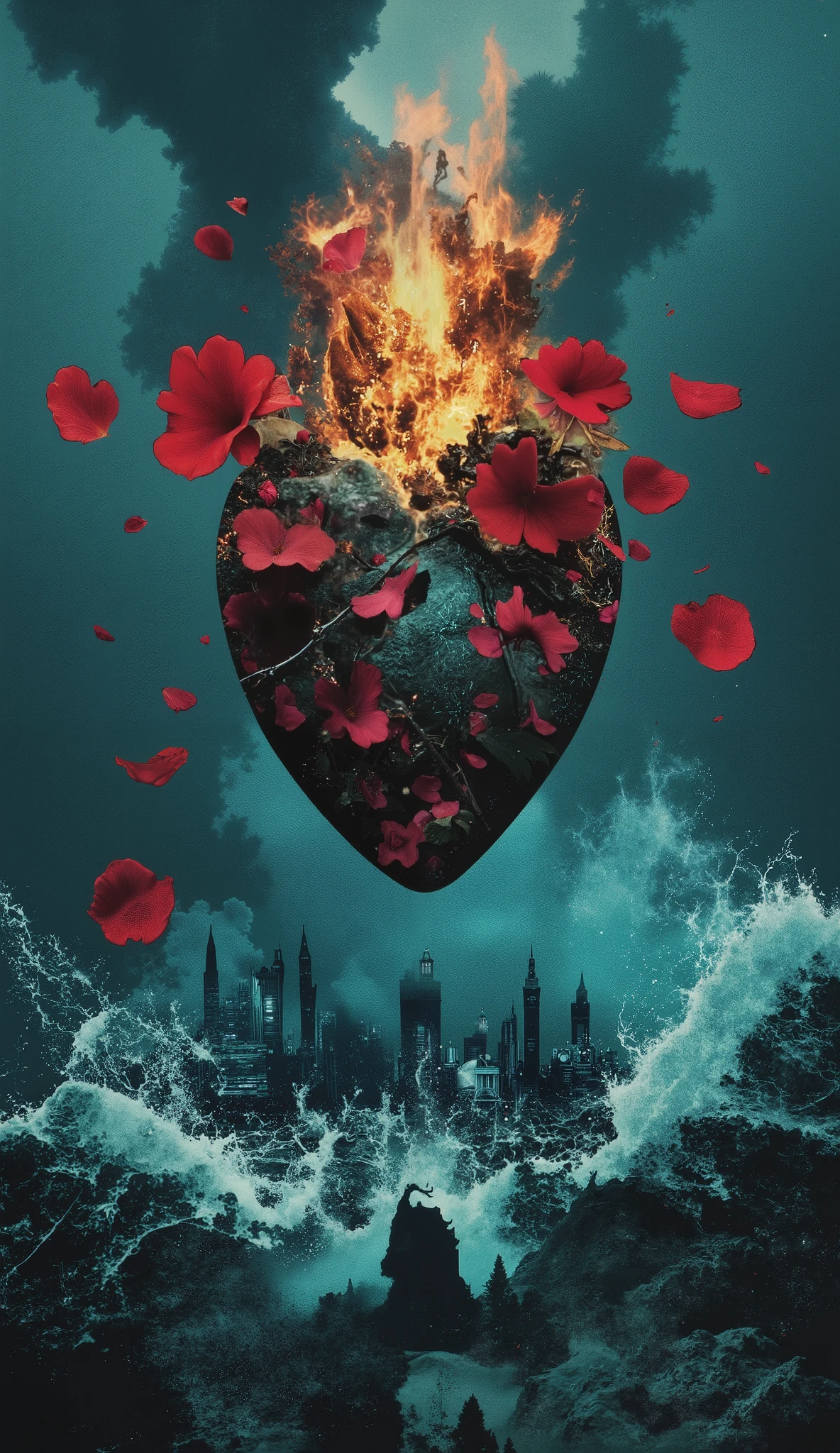 one human heart, alignment middle center, decorated with red rose petals, while on fire, hovering above stormy sea