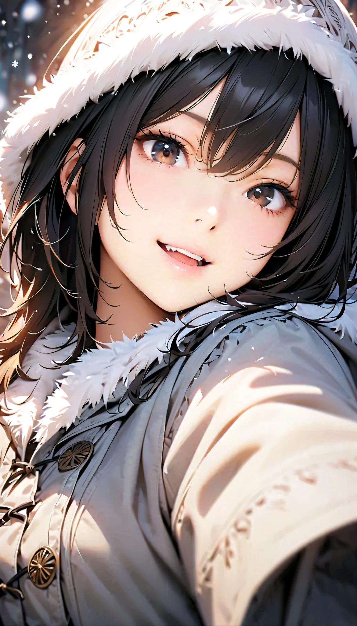 ( best quality :1.2, very detailed, Latest, lively, Masterpiece :1.2, best quality , Aesthetics at its best) , Face Up Shot, ((( very detailed目と顔))), Official Art, 8k Ultra HD, very detailed, Delicate and dynamic, blurred background , Hiku Snow Scenery , there's snow on the ground, it's snowing, Falling Snow, winter, The World of Silver, Diffuse reflection of light, is dazzling, one woman, 2.5D, smile, black eyes, black hair, young, Fluffy winter clothes, Get excited, dynamic pose, dynamic angle, Realistic, her breath is white