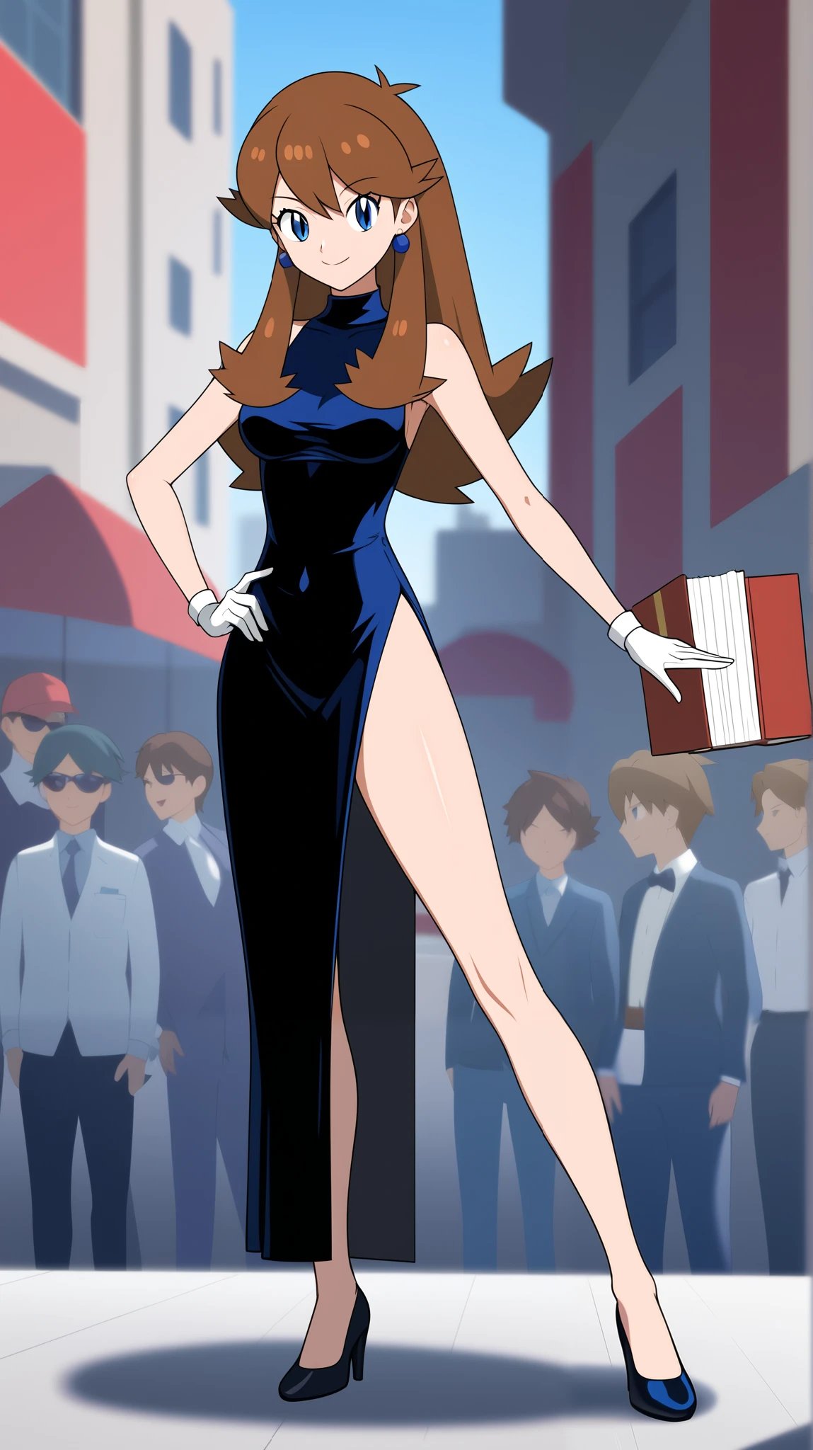 (( best quality )), ((masterpiece)), (( Details)), Two legs, two arms, 1girl , orange brown hair color, long hair, blue eyes, Long Slit Dress , beautiful feet, thighs, Black High Heels , blue earrings, sexy smile, seductive smile, Audience , Place one hand on hip, standing, Tall, Anime Coloring Book, 1 Female, Age 18, Three idiot hairs , with bangs, whole body, slim figure, Ample breasts, City, (\ Pokémon\), score_9, score_8_Excellent, score_7_Excellent, score_6_Excellent, source_Anime, cell shading, flat collar , vector,