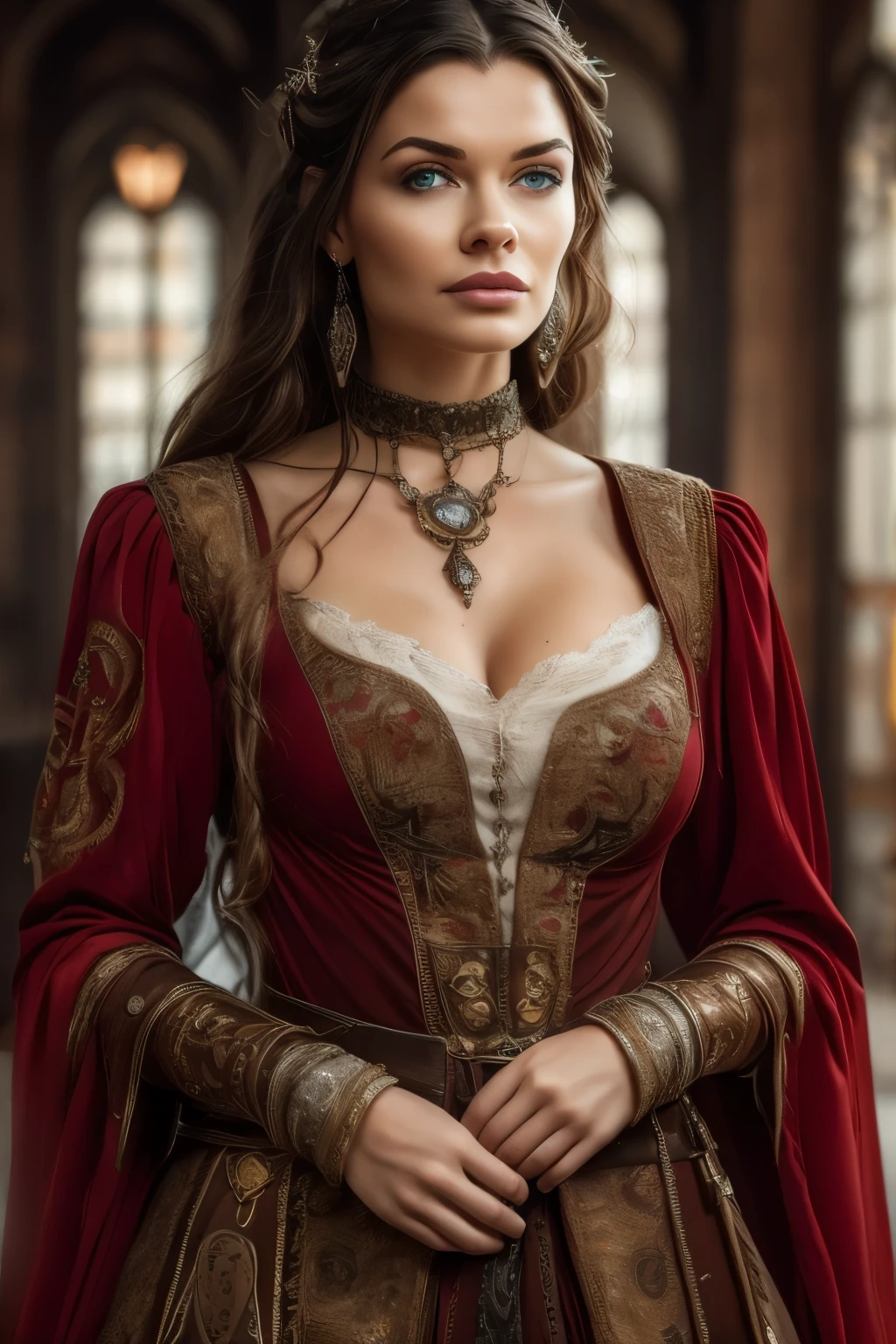 Gorgeous Lena Headey, 25 years old, perfect brunette hair, perfect eyes, perfect hands, perfect elaborate hair, diamond choker, full body, UHD, retina, masterpiece, accurate, anatomically correct, textured skin, super detail, high details, high quality, award winning, best quality, highres, 16k, 8k.