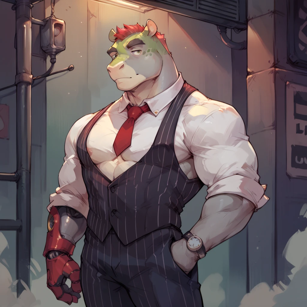 an anthropomorphic male grey skin colored hippo (the head of a hippo), wearing a pinstripe business suit with a bionic arm, has one red mechanical eye, has knuckle dusters, wearing dress shirt
