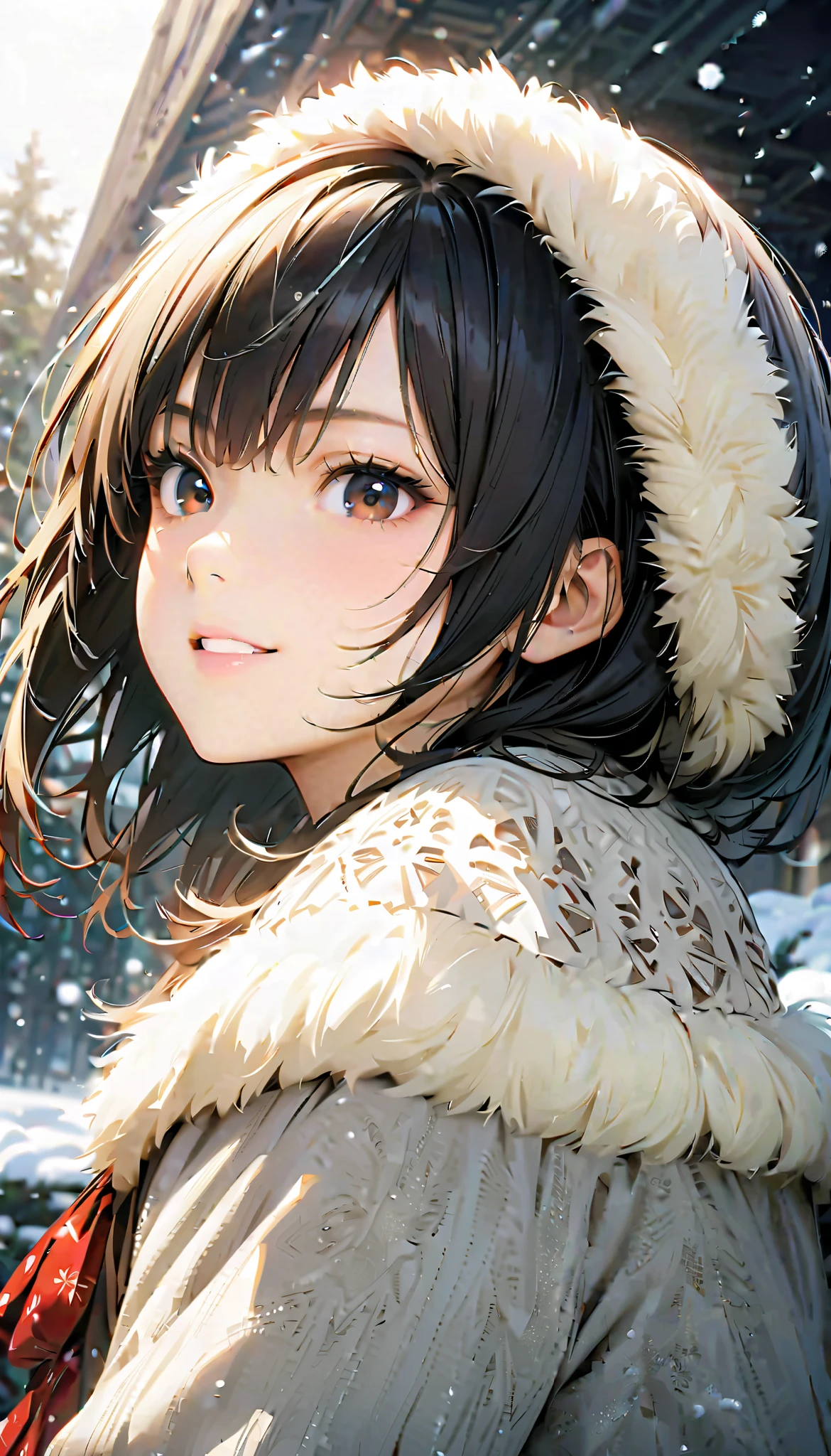 ( best quality :1.2, very detailed, Latest, lively, Masterpiece :1.2, best quality , Aesthetics at its best) , Face Up Shot, ((( very detailed目と顔))), Official Art, 8k Ultra HD, very detailed, Delicate and dynamic, blurred background , Hiku Snow Scenery , there's snow on the ground, it's snowing, Falling Snow, winter, The World of Silver, Diffuse reflection of light, is dazzling, one woman, 2.5D, smile, black eyes, black hair, young, Fluffy winter clothes, Get excited, dynamic pose, dynamic angle, Realistic, her breath is white
