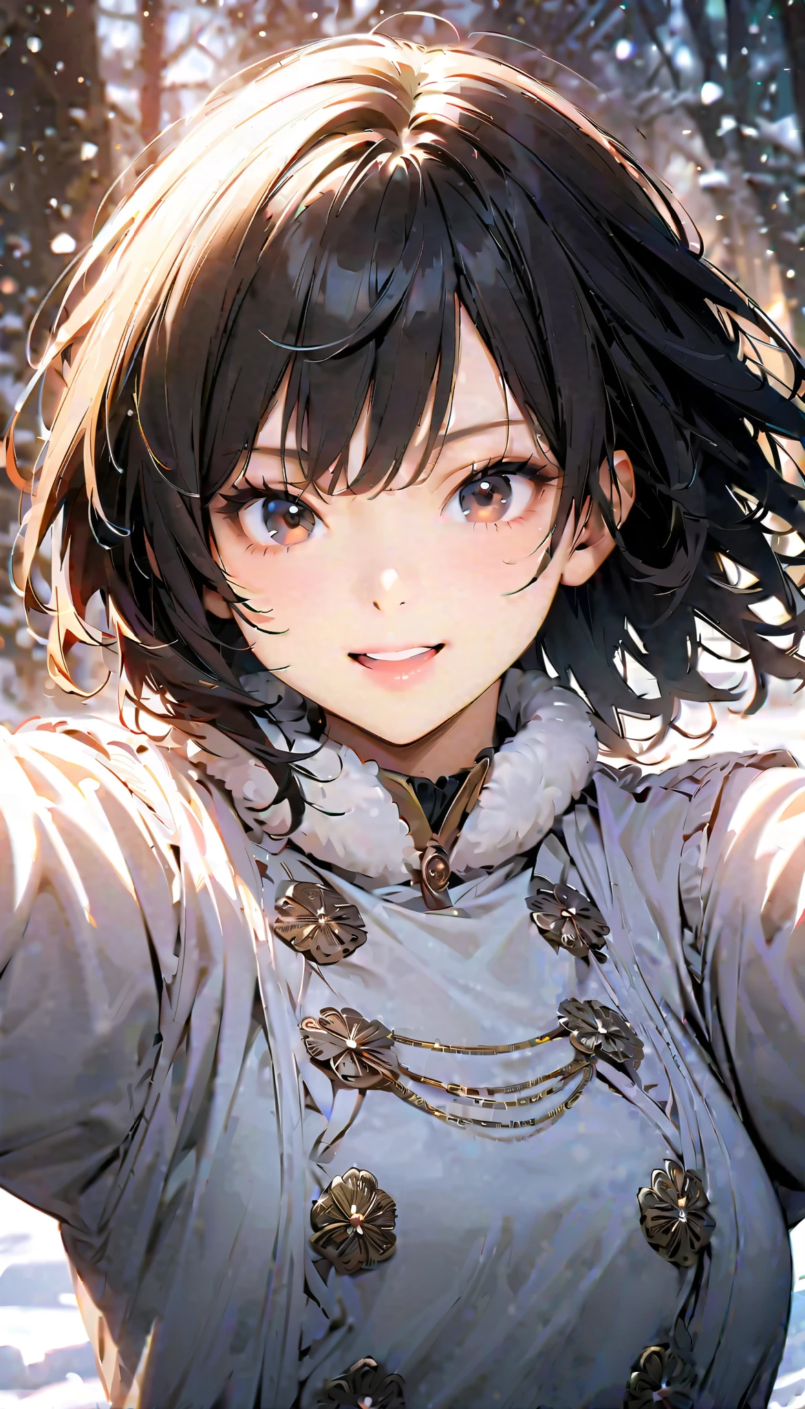 ( best quality :1.2,  very detailed, Latest,  lively,  Masterpiece :1.2,  best quality , Aesthetics at its best) , Face Up Shot, ((( very detailed目と顔))),  Official Art,  8k Ultra HD,  very detailed, Delicate and dynamic,  blurred background , Hiku Snow Scenery , there's snow on the ground,  it's snowing, Falling Snow, winter,  The World of Silver, Diffuse reflection of light,  is dazzling,  one woman, 2.5D, smile,  black eyes,  black hair, young, Fluffy winter clothes, Get excited,  Dynamic Poses,  dynamic angle, Realistic, her breath is white