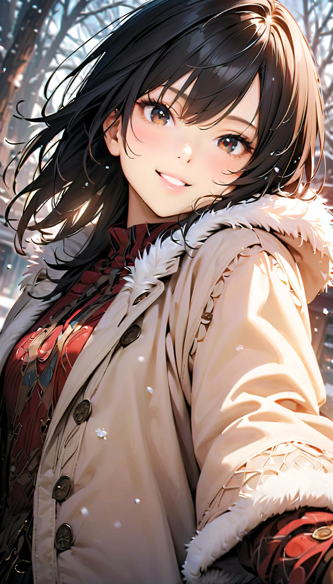 ( best quality :1.2,  very detailed, Latest,  lively,  Masterpiece :1.2,  best quality , Aesthetics at its best) , Face Up Shot, ((( very detailed目と顔))),  Official Art,  8k Ultra HD,  very detailed, Delicate and dynamic,  blurred background , Hiku Snow Scenery , there's snow on the ground,  it's snowing, Falling Snow, winter,  The World of Silver, Diffuse reflection of light,  is dazzling,  one woman, 2.5D, smile,  black eyes,  black hair, young, Fluffy winter clothes, Get excited,  dynamic pose,  dynamic angle, Realistic, her breath is white