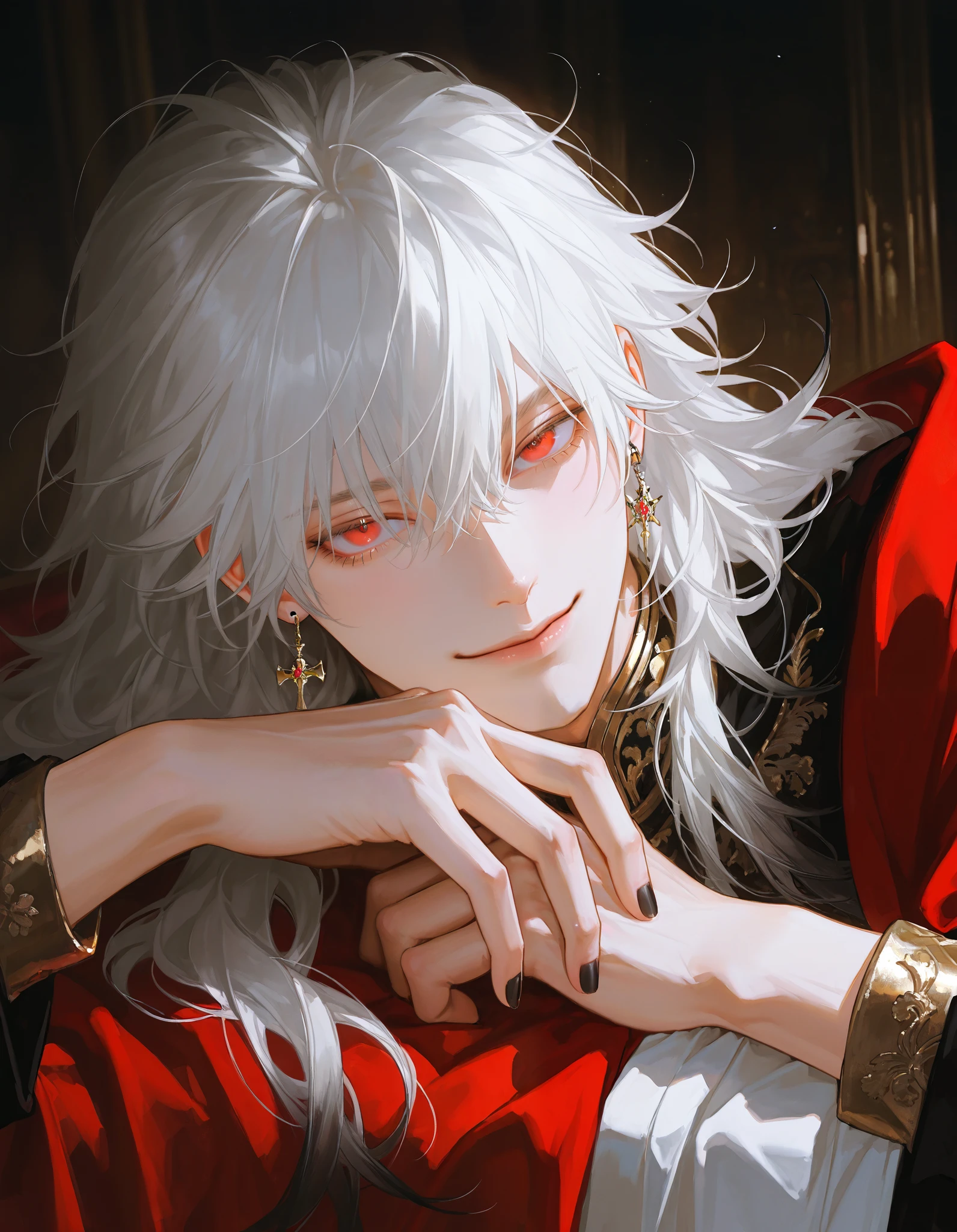 Handsome man, mature man, 1 man, handsome man, maturity, white hair, messy hair, long hair, black nail polish, red eyes, sly smile , emperor, royal, hazy atmosphere, lying, the emperor's room background, dark background, ruby earrings, high details, cinematic light, realistic skin, vivid brushstrokes, realistic hands, semi-realistic art, semi-realistic art style, impressionist painting,detailed art style, expressive brush strokes, vibrant brush strokes, impressionist painting,Semi Realistic, Semi-Realistic Art, Semi-Realistic Artstyle