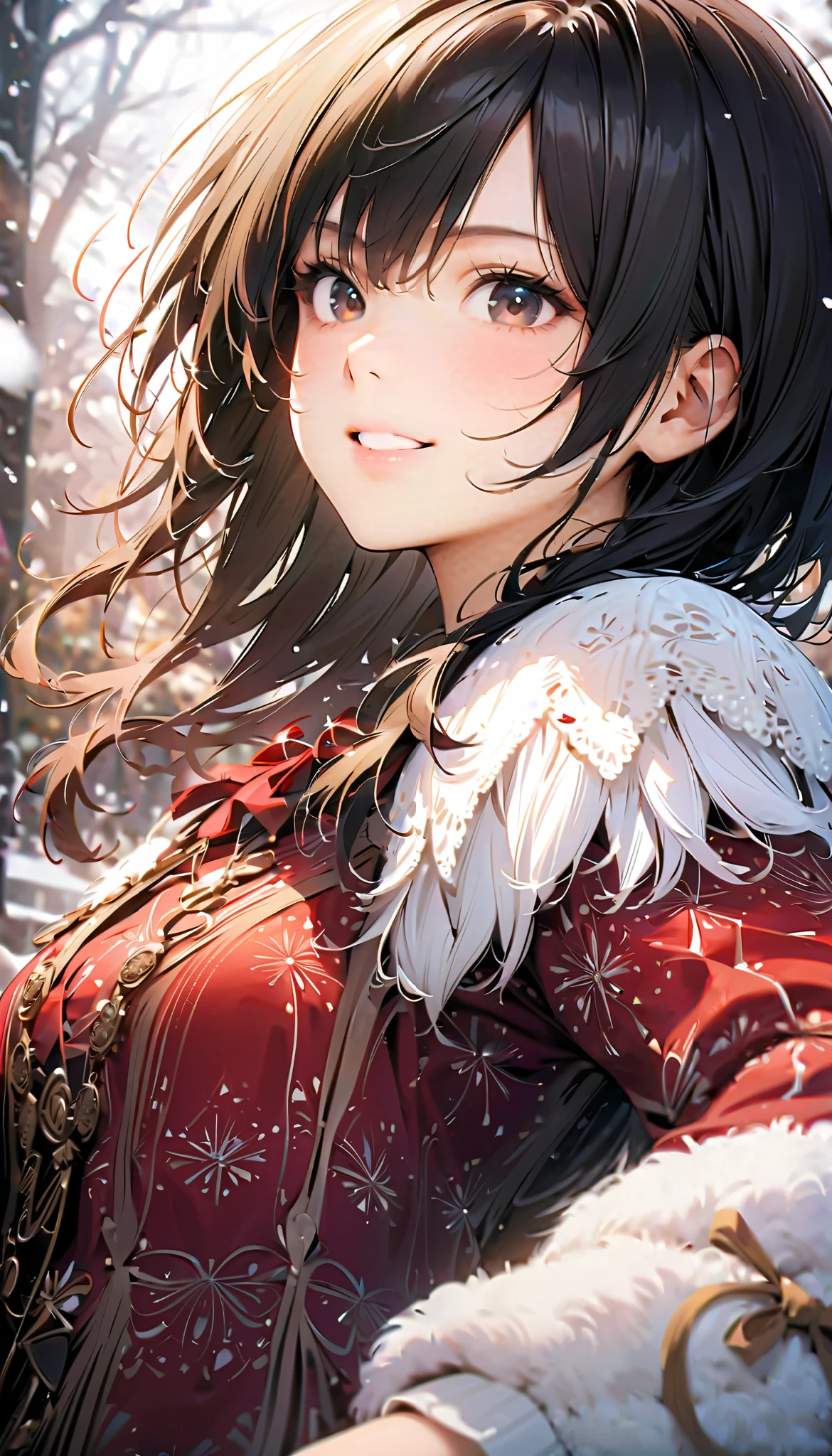 ( best quality :1.2, very detailed, Latest, lively, Masterpiece :1.2, best quality , Aesthetics at its best) , Face Up Shot, ((( very detailed目と顔))), Official Art, 8k Ultra HD, very detailed, Delicate and dynamic, blurred background , Hiku Snow Scenery , there's snow on the ground, it's snowing, Falling Snow, winter, The World of Silver, Diffuse reflection of light, is dazzling, one woman, 2.5D, smile, black eyes, black hair, young, Fluffy winter clothes, Get excited, Dynamic Poses, dynamic angle, Realistic, her breath is white