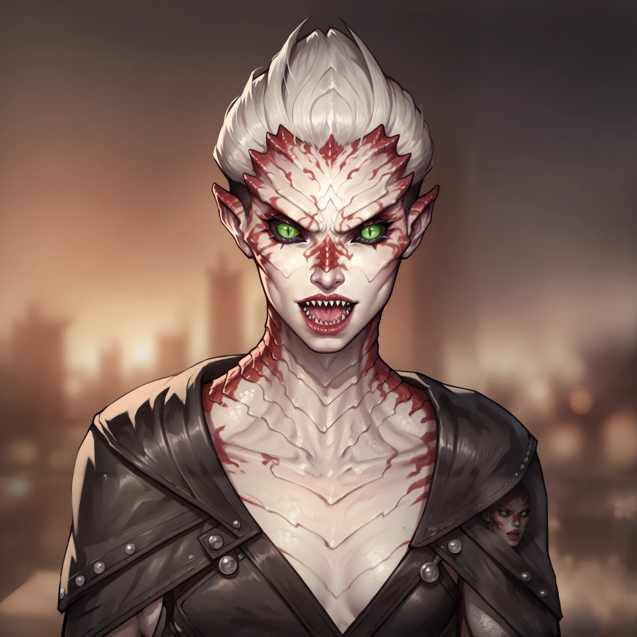 (((beautiful, high quality, comics style, detailed face))), score_9, score_8_up, score_7_up, BREAK, portrait, solo, 1girl, female ((parshendi, alien, carapace:1.1, white skin with red marbling, black sclera, slit pupils, scales)), green eyes, white hair, undercut, messy asymmetrical bob hairstyle, (open mouth, sharp teeth), slender, small breasts, black studded jumpsuit, cropped cloak, leather bracers, fantasy background, blurred background, zPDXL3, detailxl, DeepNegative_xl_v1