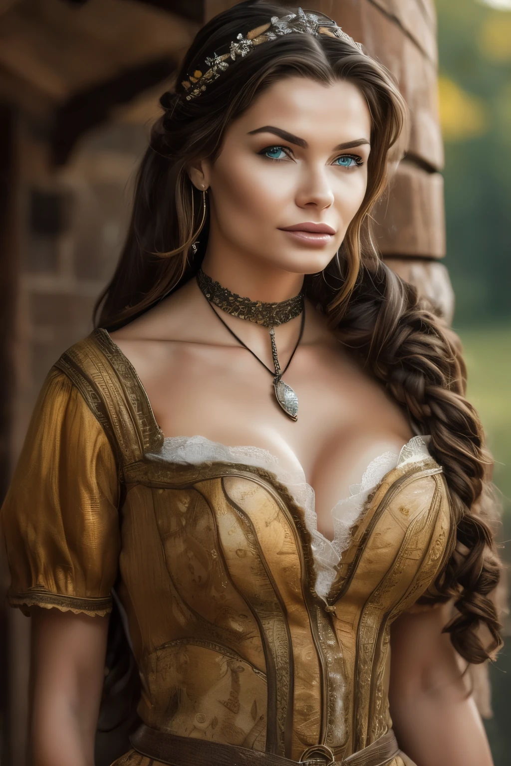 Gorgeous Lena Headey, 25 years old, perfect brunette hair, perfect green eyes, perfect hands, perfect elaborate hair, diamond choker, full body, UHD, retina, masterpiece, accurate, anatomically correct, textured skin, super detail, high details, high quality, award winning, best quality, highres, 16k, 8k.