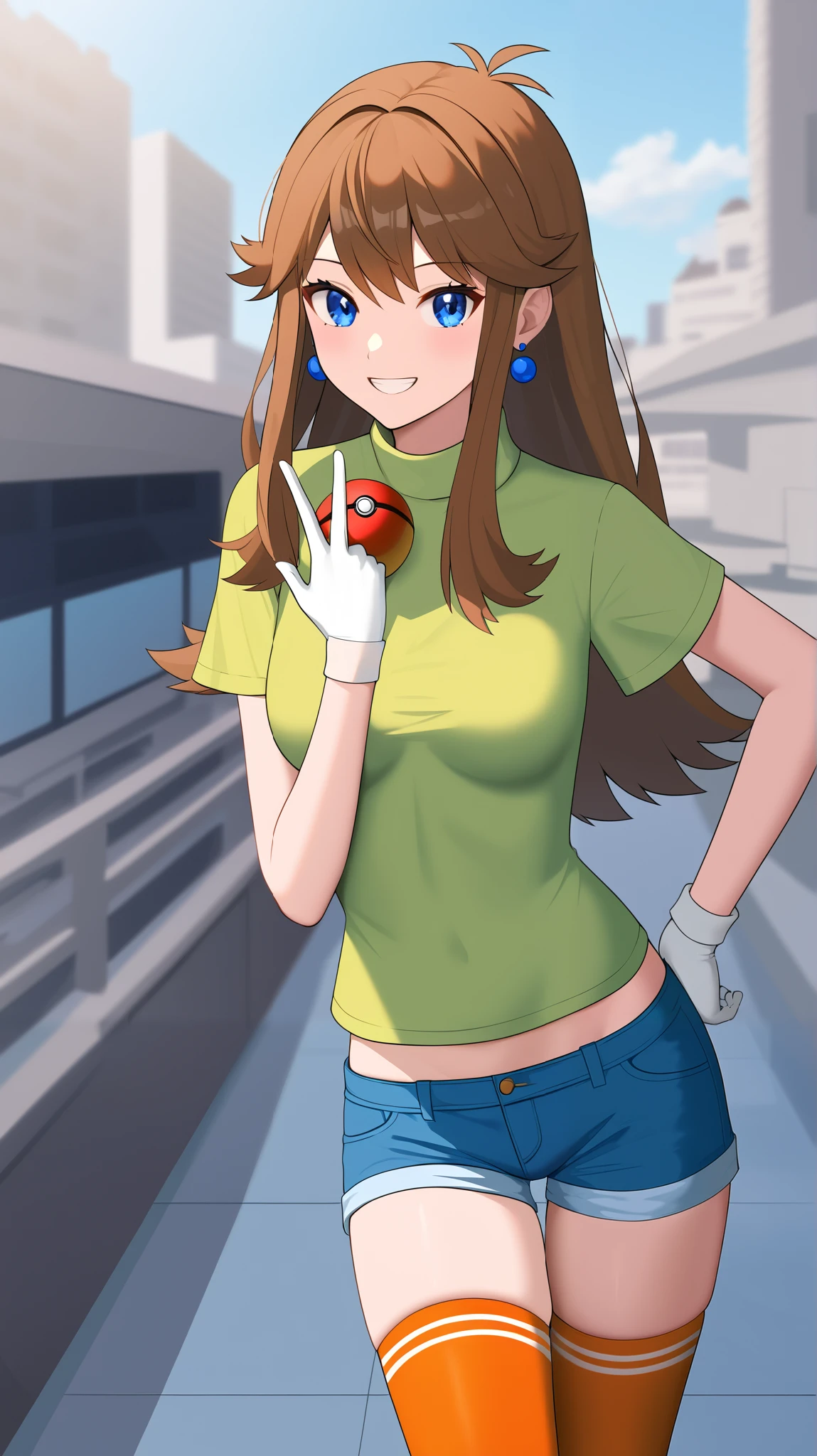 (( best quality )), ((masterpiece)), (( Details)), 1girl ,Two legs, two arms, orange brown hair color, long hair, blue eyes, green short sleeve shirt , blue denim shorts, white knee-high stockings reflective on glass floors, absolute domain, thighs, orange laces , blue earrings, sexy smile, seductive smile, Audience , Place one hand on hip, standing, Tall, Anime Coloring Book, 1 Female, Age 18, Three idiot hairs , with bangs, whole body, slim figure, Ample breasts, City, (\ Pokémon\), score_9, score_8_Excellent, score_7_Excellent, score_6_Excellent, source_Anime, cell shading, flat collar , vector,