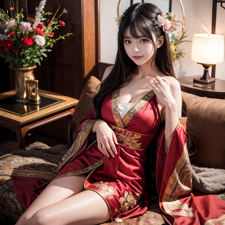 (8k, RAW photo, best quality, masterpiece:1.2), (realistic, photo-realistic:1.37), ultra highres, depth of field, chromatic aberration, caustics, Broad lighting, natural shading,Fujifilm XT3,masterpiece,ultra detailed,1girl, <lora:Dunhuang apsaras dudou_20230704100148:0.5>,(see-through chinese dress),a woman in a red and a tiara on her head, hair stick,(sitting on red bed), curtains, earrings, hair_ornament, hanfu, indoors, jewelry, long_sleeves, red dress, red lips, tassel, (Red quilt),(red palace:1.2),(2 red candles),good hand,(alluring eyes:1.1)